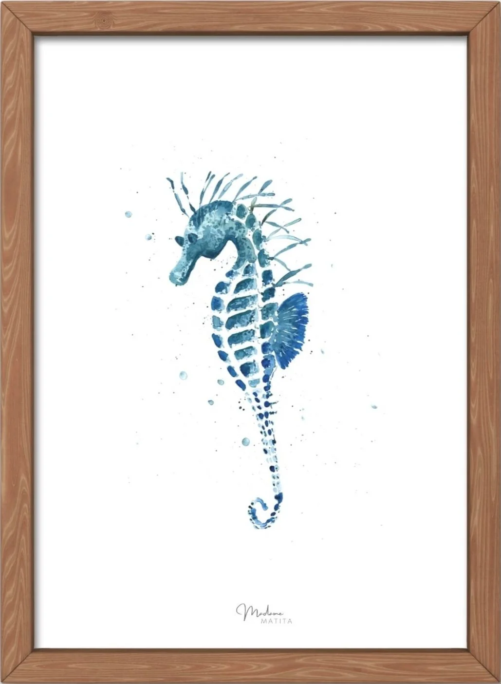 A5 watercolor sea horse print on FSC paper. Elegant, blue sea life art for gift or home decor.