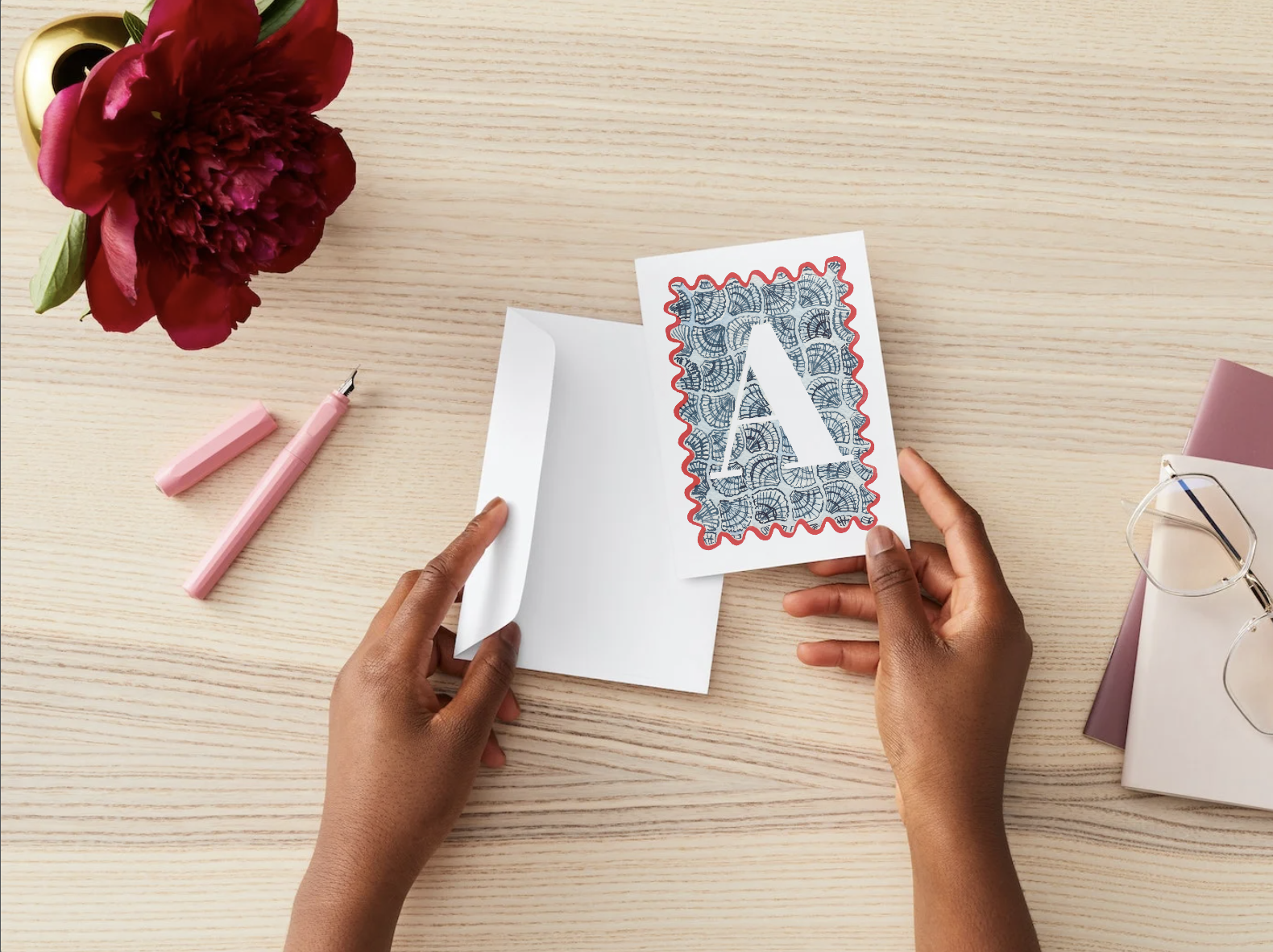 Watercolor alphabet card A on FSC paper with envelope. Joyful, vintage-style gift note.