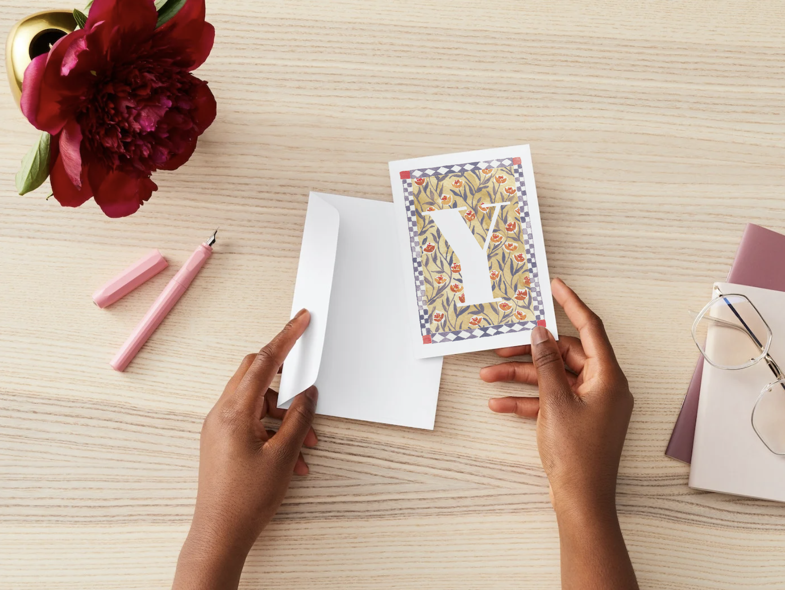 Watercolor alphabet card Y on FSC paper with envelope. Joyful, vintage-style gift note
