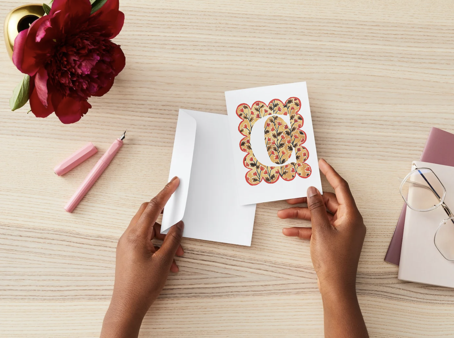 Watercolor alphabet card C on FSC paper with envelope. Joyful, vintage-style gift note