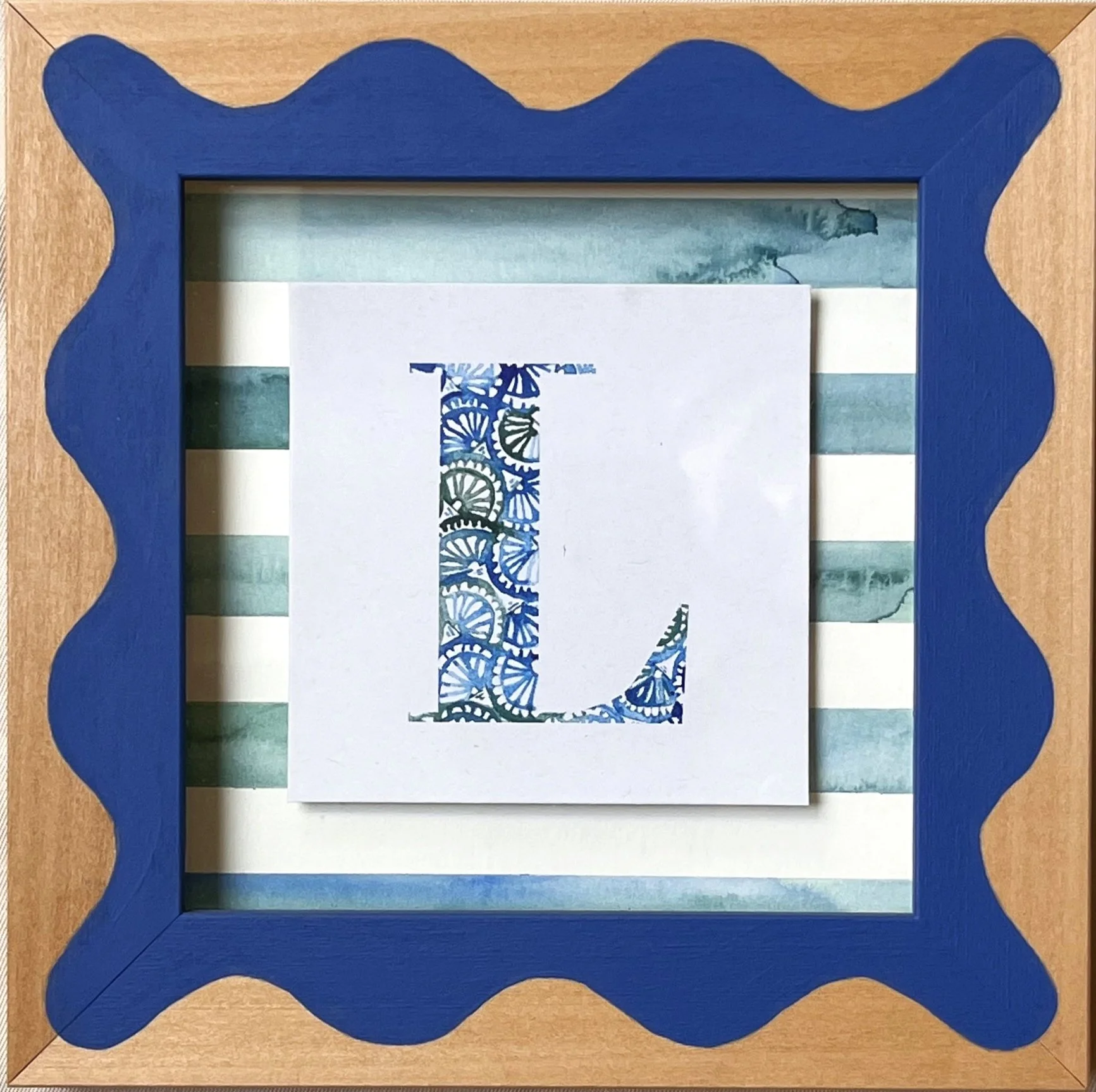 Hand-painted wooden frame with watercolor alphabet art print, bespoke custom gift, made in the Netherlands.