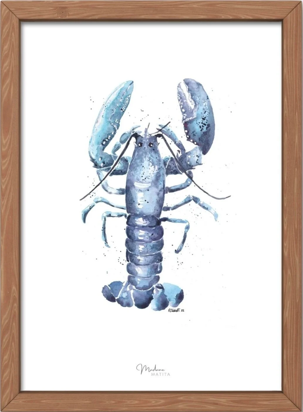 A5 watercolor lobster print on FSC paper. Elegant, blue sea life art for gift or home decor.