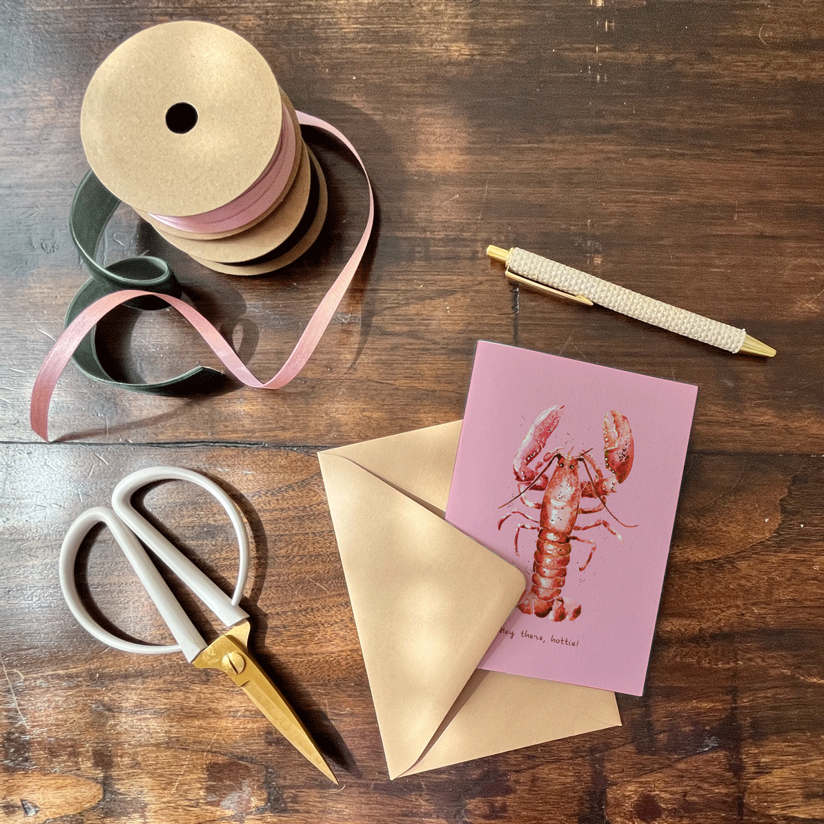 Playful watercolor lobster card with “Hey There Hottie” text. A6 size on FSC paper with envelope. Fun gift for birthdays or flirty notes.