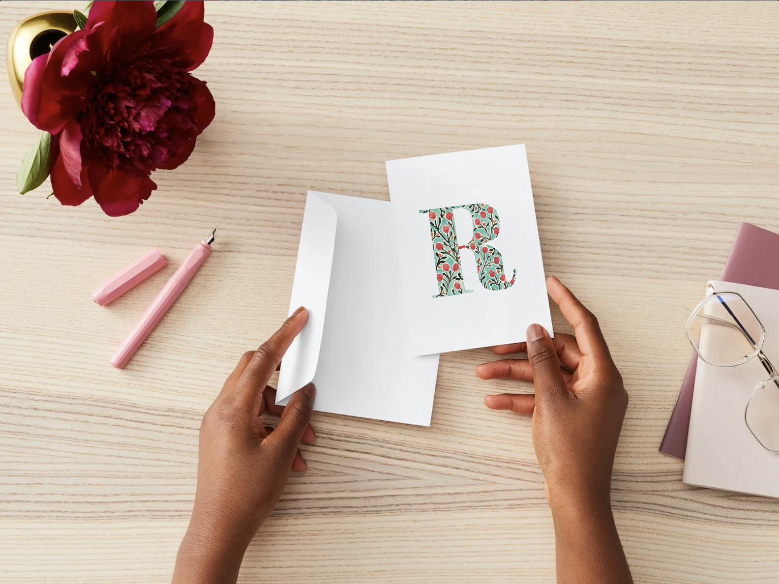 Watercolor alphabet card R on FSC paper with envelope. Joyful, vintage-style gift note