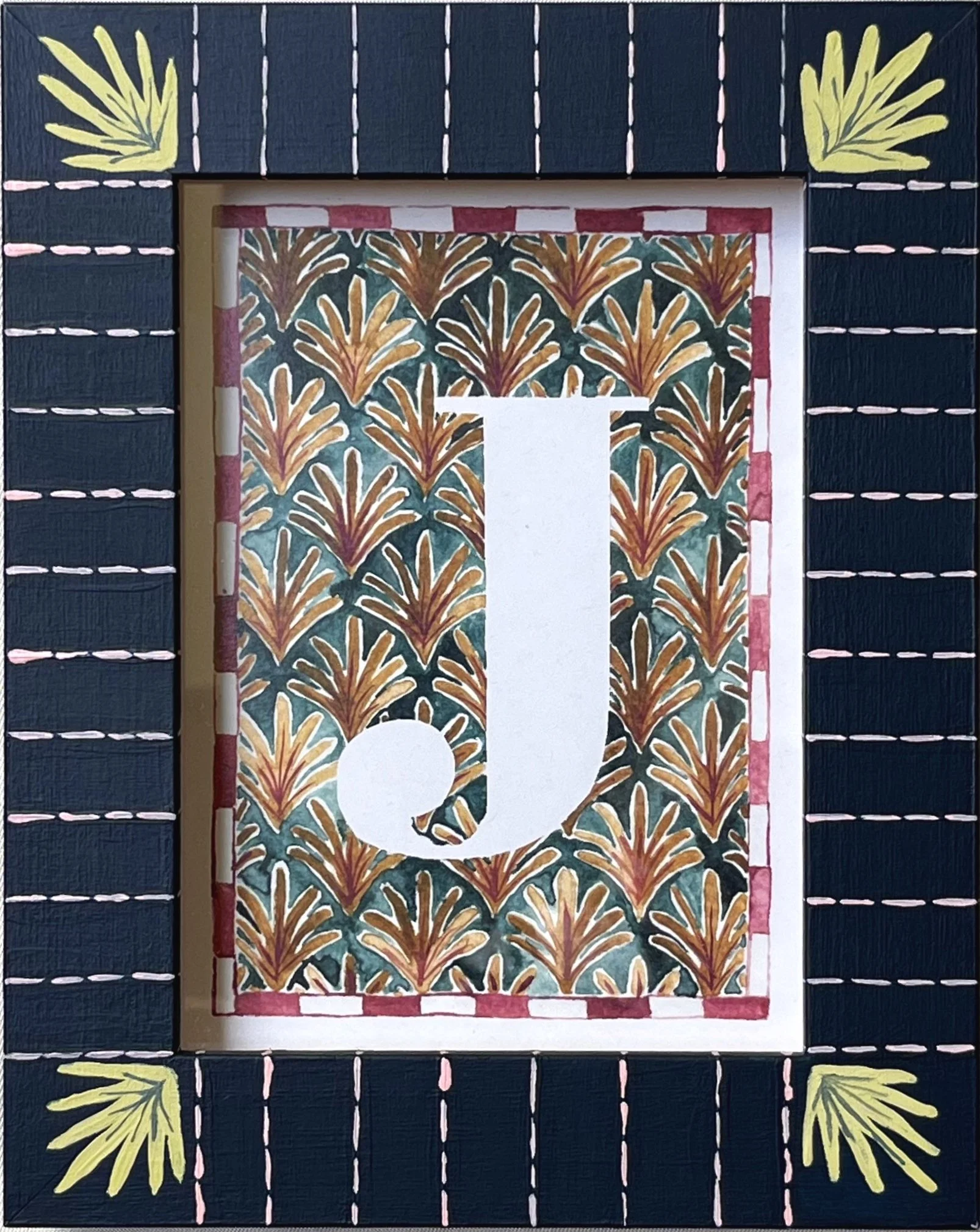Hand-painted wooden frame with watercolor alphabet art print, bespoke custom gift, made in the Netherlands.