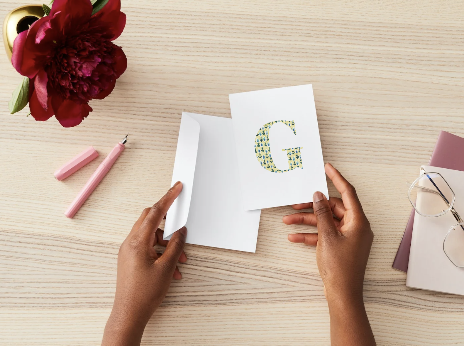 Watercolor alphabet card G on FSC paper with envelope. Joyful, vintage-style gift note