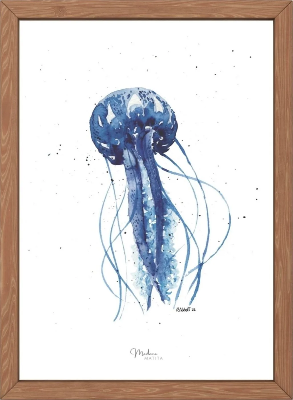 A5 watercolor jelly fish print on FSC paper. Elegant, blue sea life art for gift or home decor.