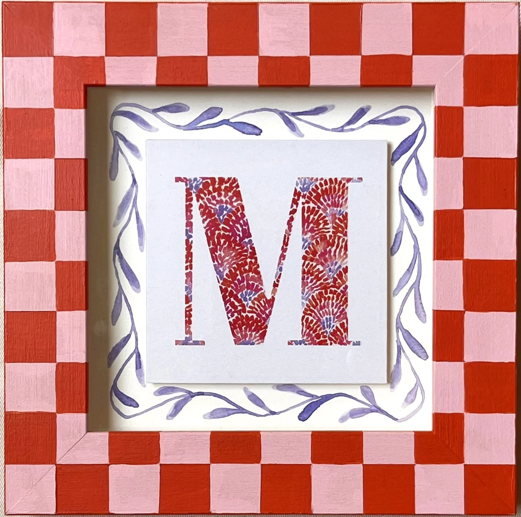 Hand-painted wooden frame with watercolor alphabet art print, bespoke custom gift, made in the Netherlands.