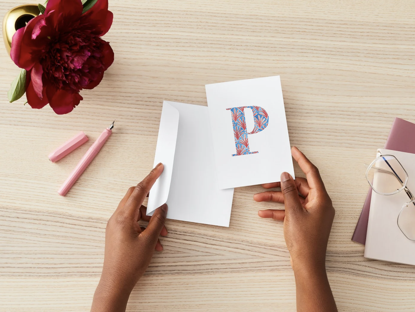 Watercolor alphabet card P on FSC paper with envelope. Joyful, vintage-style gift note