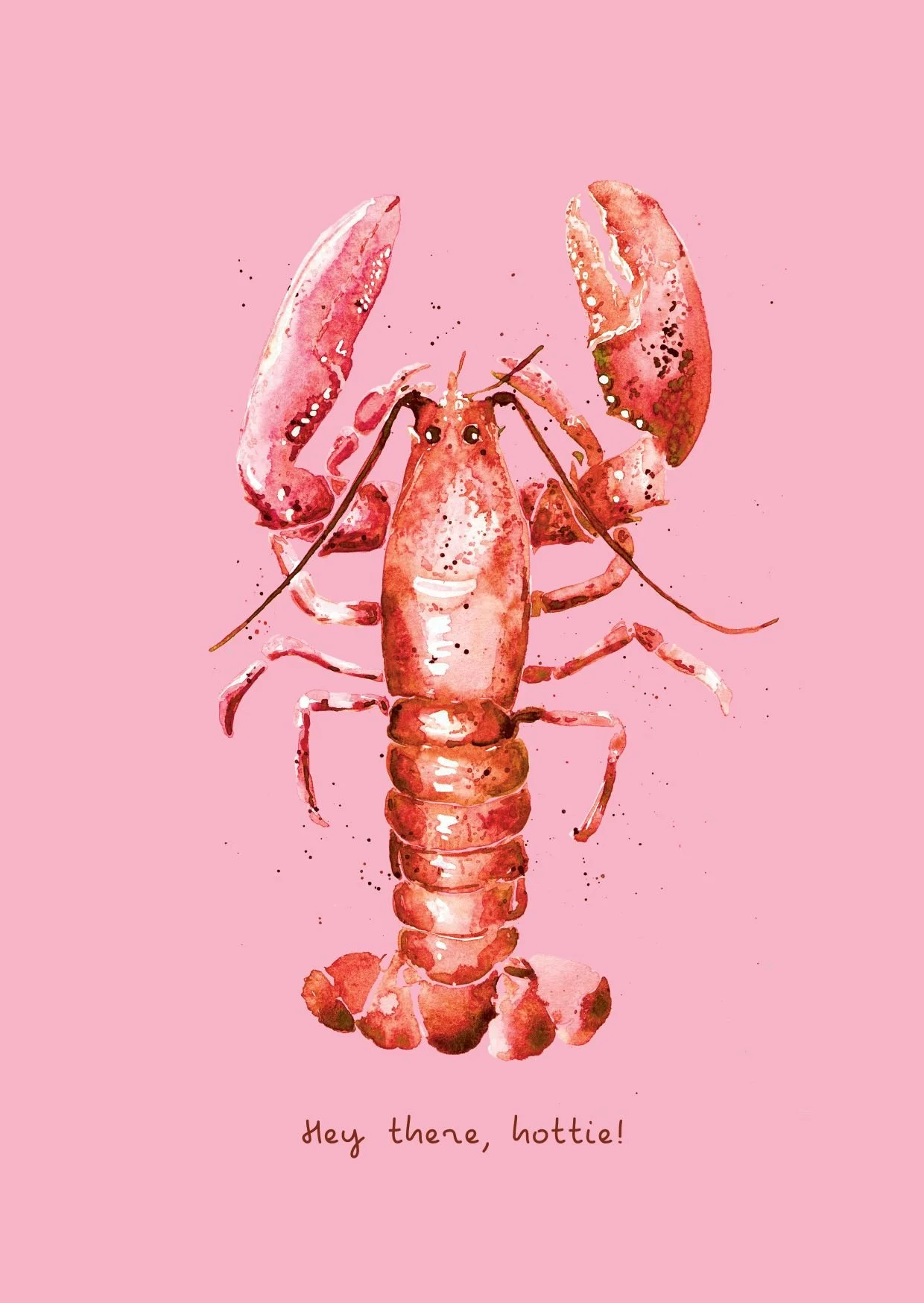 Watercolor lobster greeting card with text “Hey There Hottie”, A6 with envelope, FSC paper.