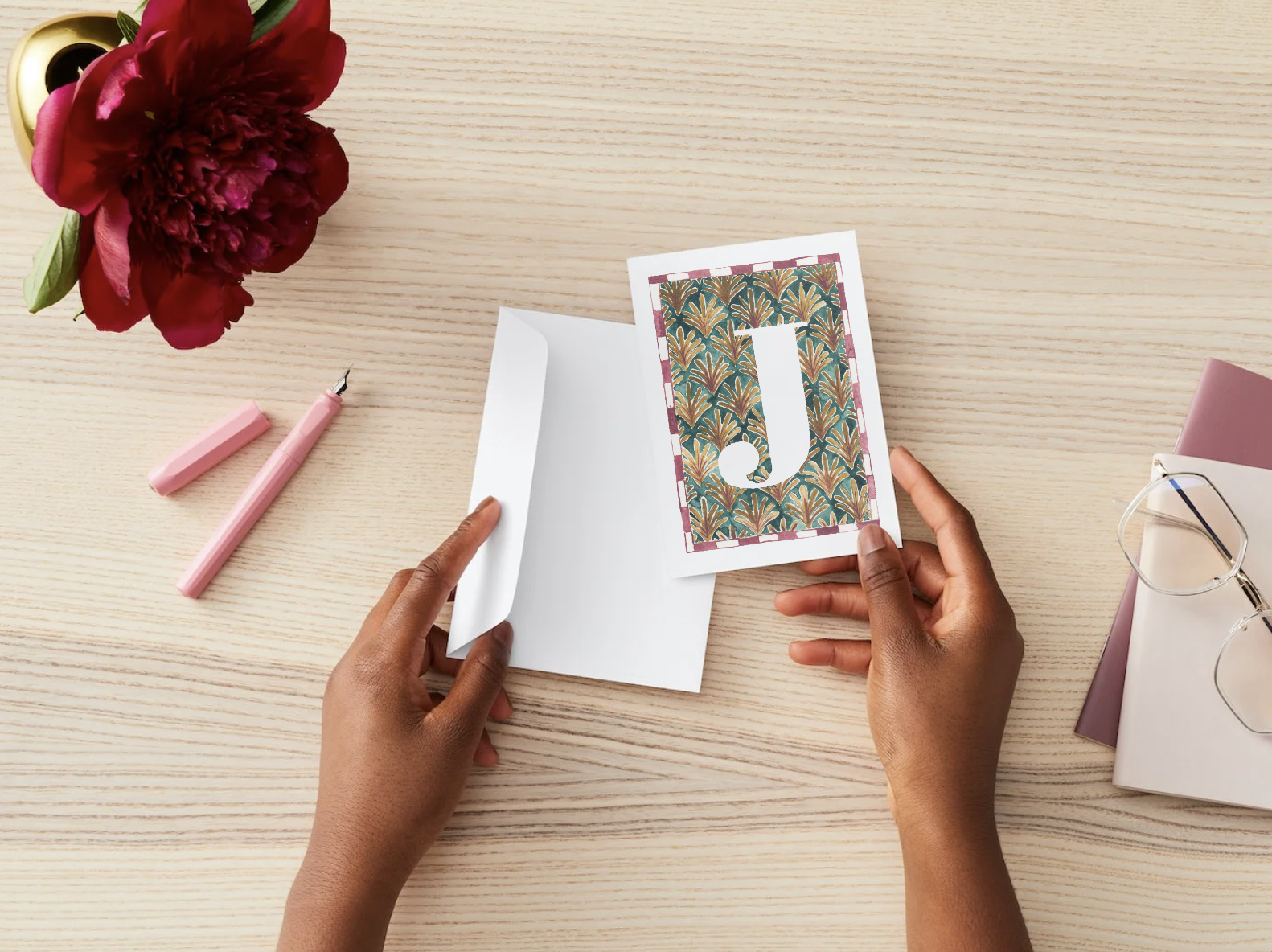 Watercolor alphabet card J on FSC paper with envelope. Joyful, vintage-style gift note