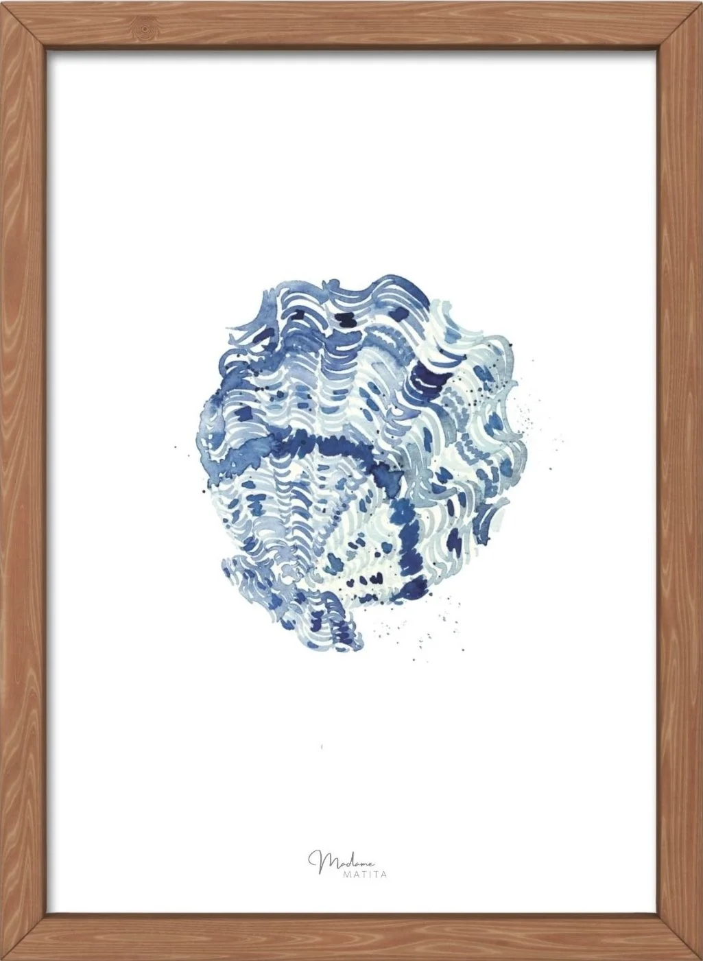 A5 watercolor clam print on FSC paper. Elegant, blue sea life art for gift or home decor.