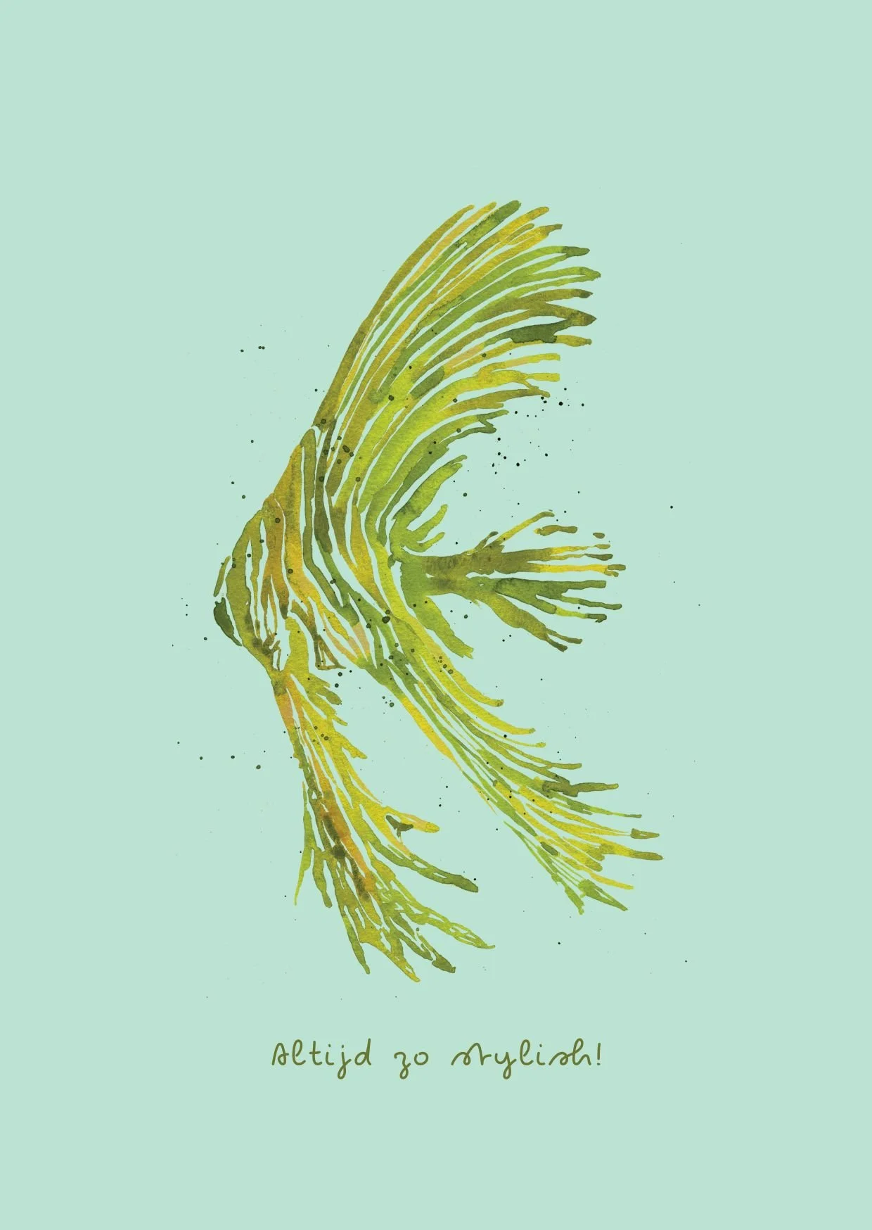 Watercolor zebrafish greeting card with Dutch text “Altijd zo Stijlish”, A6 with envelope.