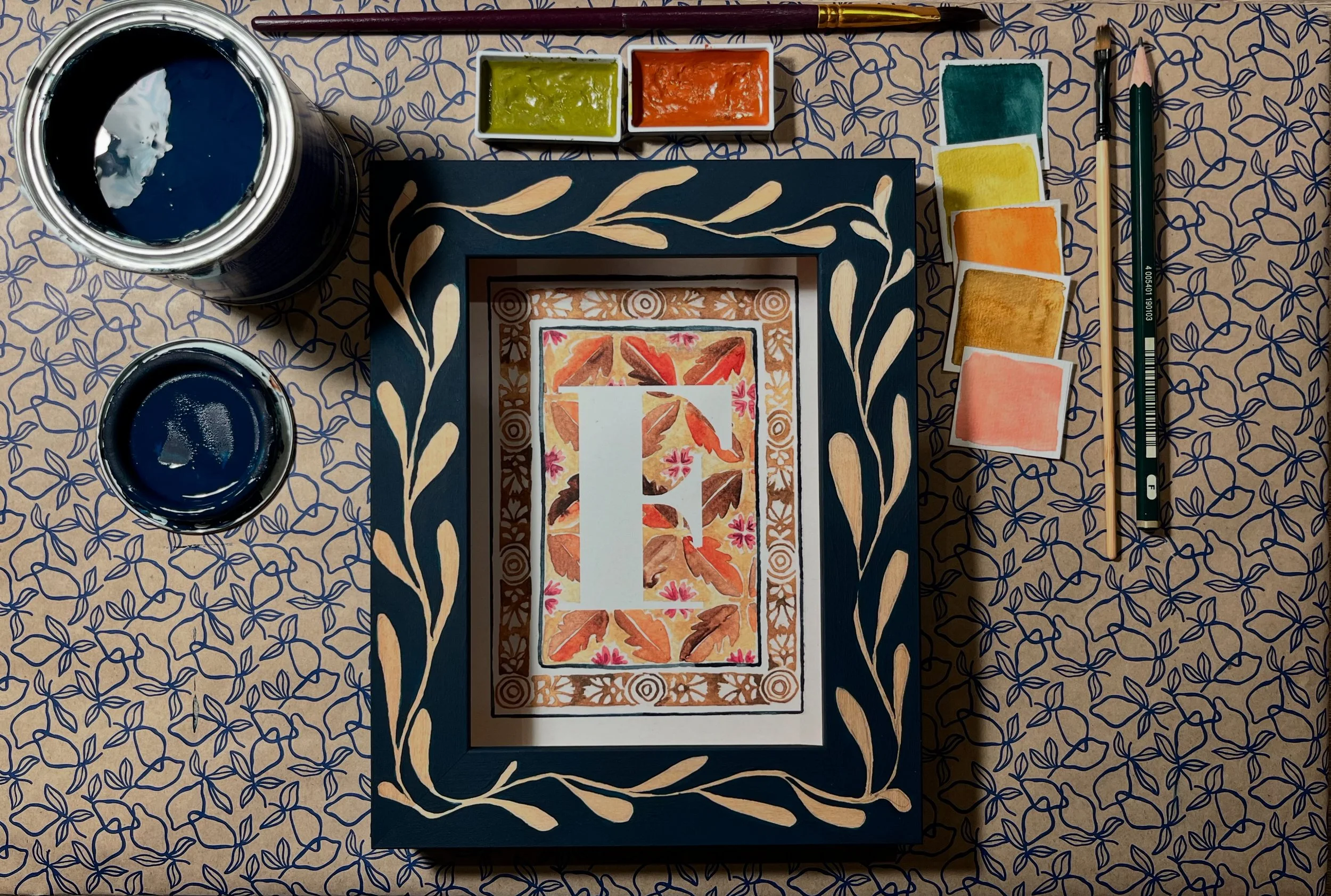 Hand-painted wooden frame with watercolor alphabet art print, bespoke custom gift, made in the Netherlands.