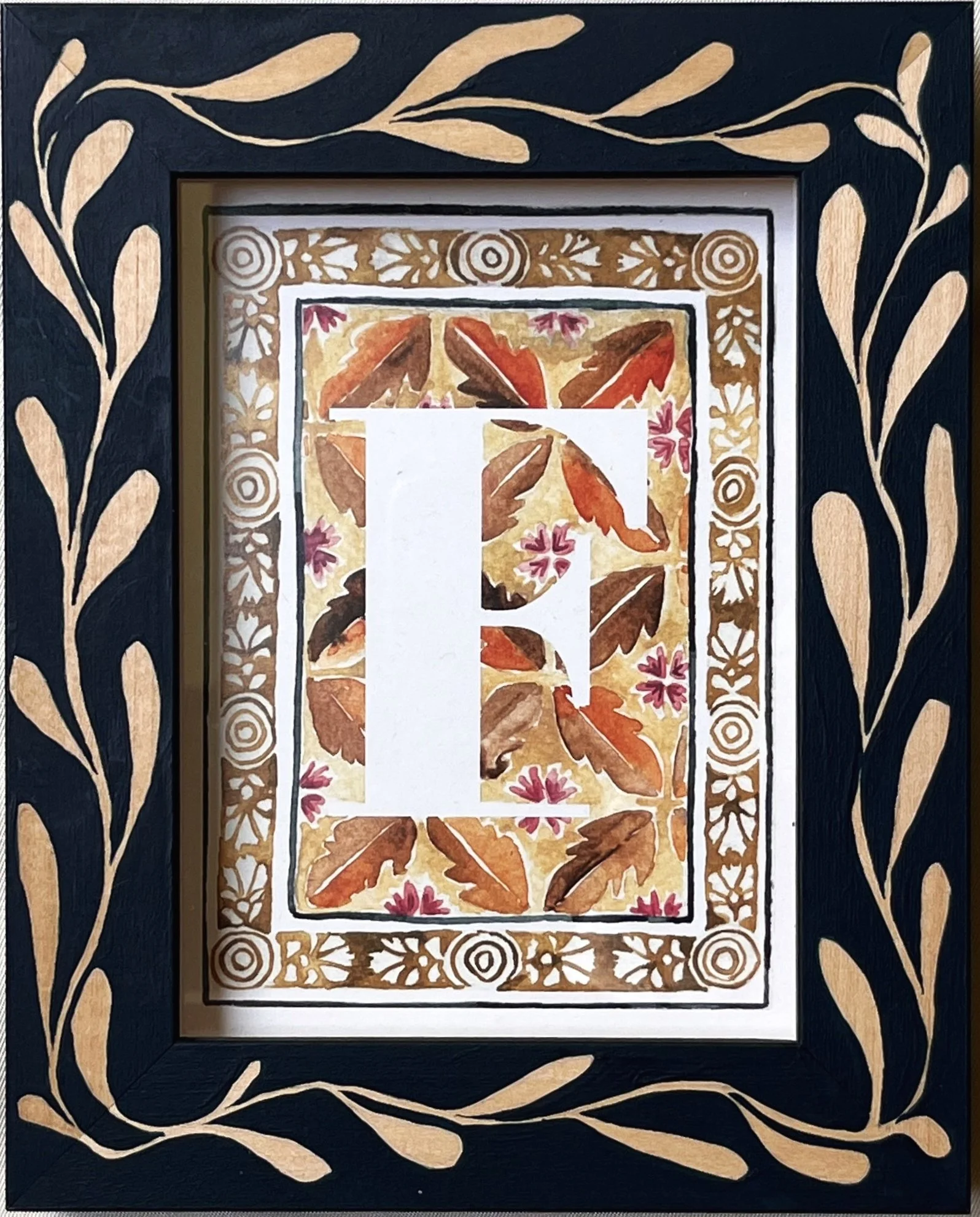 Hand-painted wooden frame with watercolor alphabet art print, bespoke custom gift, made in the Netherlands.