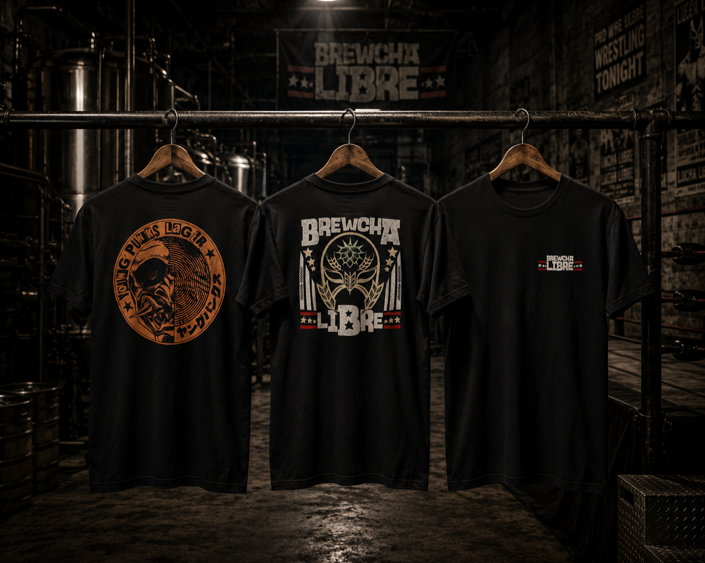 Three black T-shirts hanging on a rack inside a brewery, each with different graphic designs and text related to Brewcha Libre.