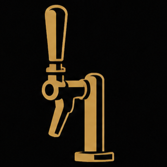 A stylized gold-colored beer tap handle with a tap and a lever against a black background.