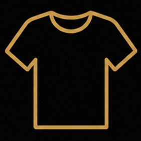Black T-shirt with a gold outline of its shape.