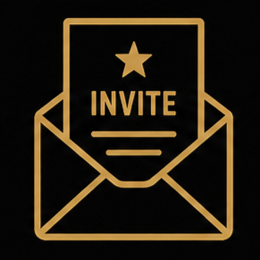 Gold invitation card inside an envelope design with a star icon and the word 'INVITE' on it