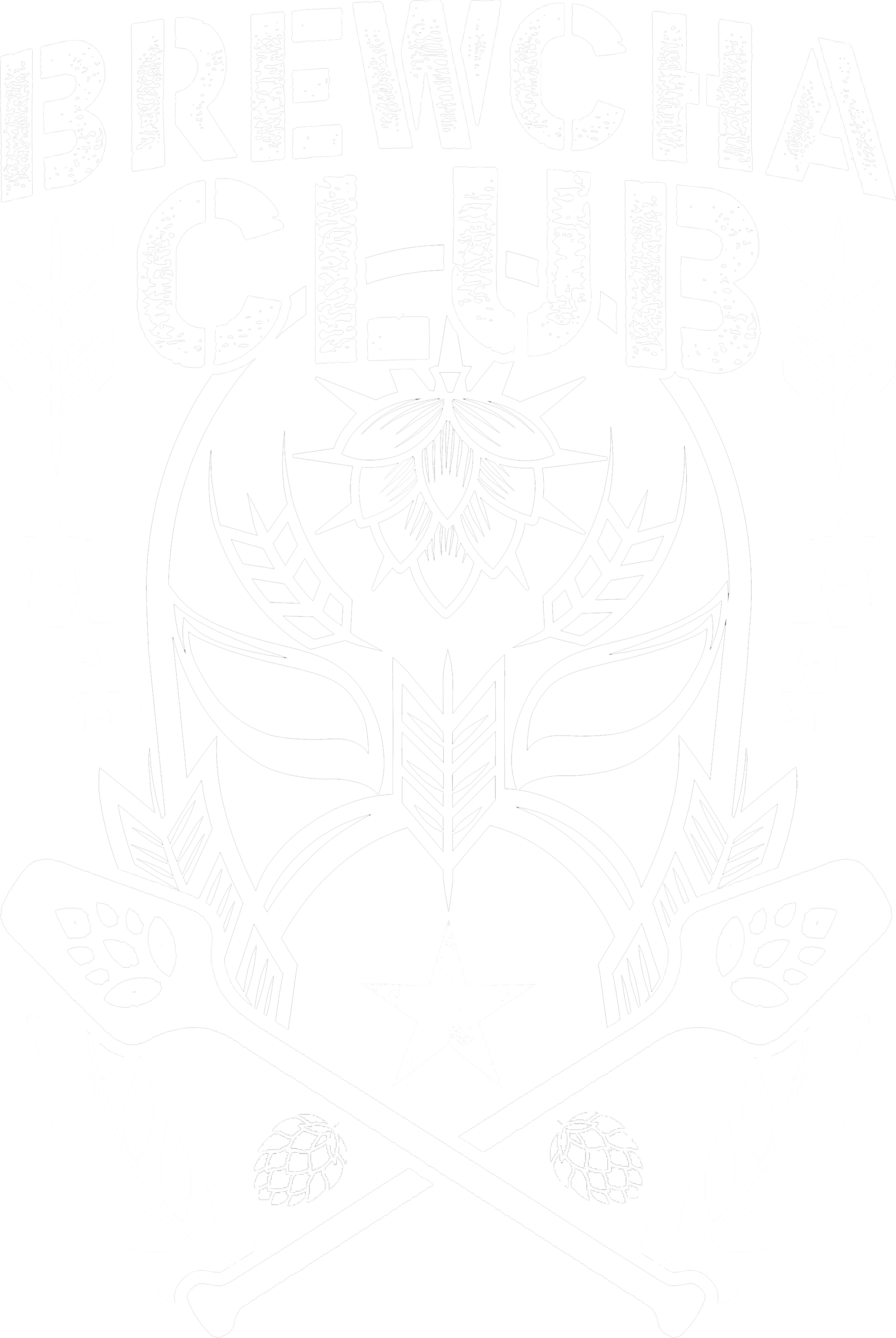 Black and white illustration featuring the words 'BREWCHTA CLUBS' at the top, a symmetrical design with a hop cone, star, crossedsticks, and decorative leaves, resembling a logo or emblem for a brewing or beer club.