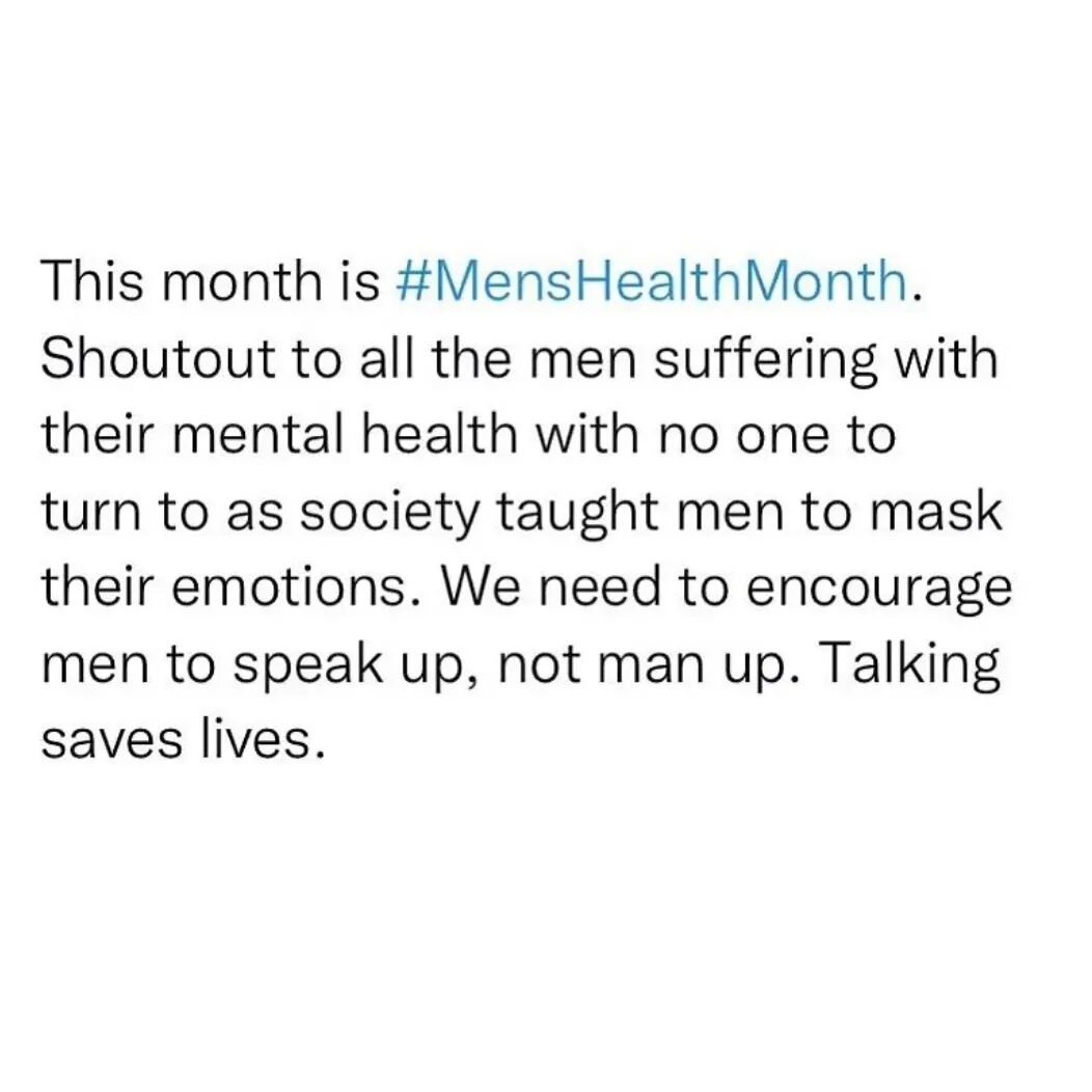 It's not enough to tell men to speak up, we must create safe spaces for men to be vulnerable and to simply be human.
.
Do you know that men are more likely to carry out suicidal ideations?
.
This month and every other month, create spaces for men to 