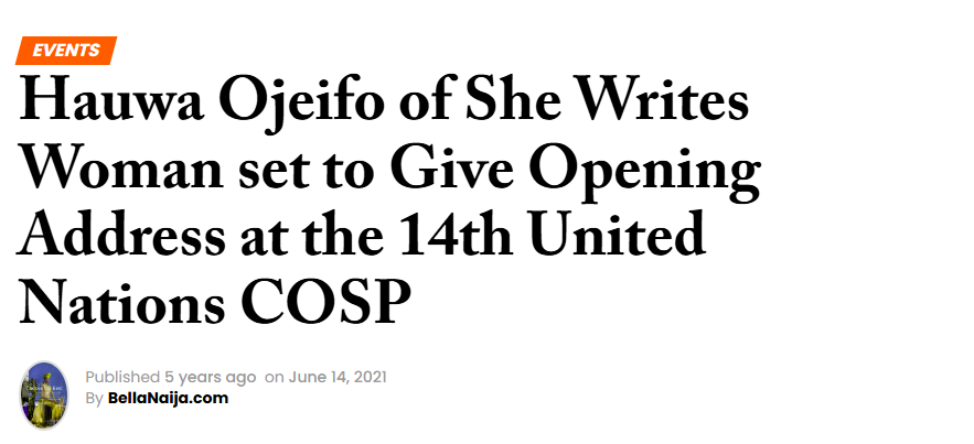 Hauwa Ojeifo of She Writes Woman set to Give Opening Address at the 14th United Nations COSP