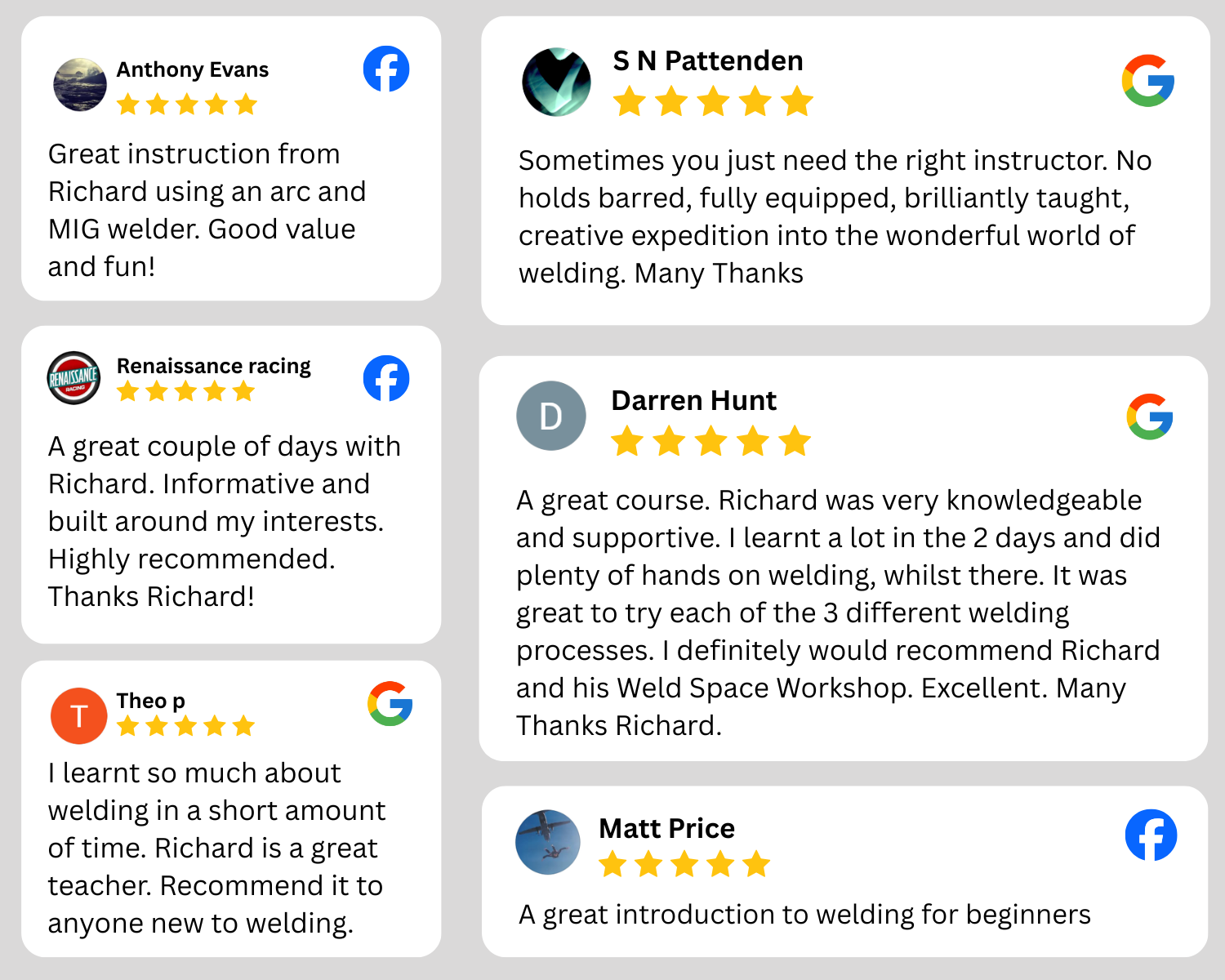 Collection of five customer reviews for a welding course, with star ratings, profile pictures, and icons for Facebook and Google.