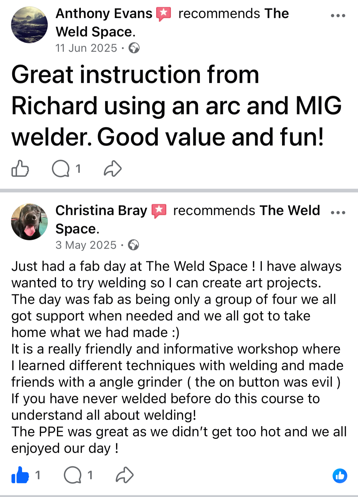Screenshots of Facebook posts, one from Anthony Evans recommending The Weld Space and another from Christina Bray sharing her positive experience at The Weld Space, a welding workshop.