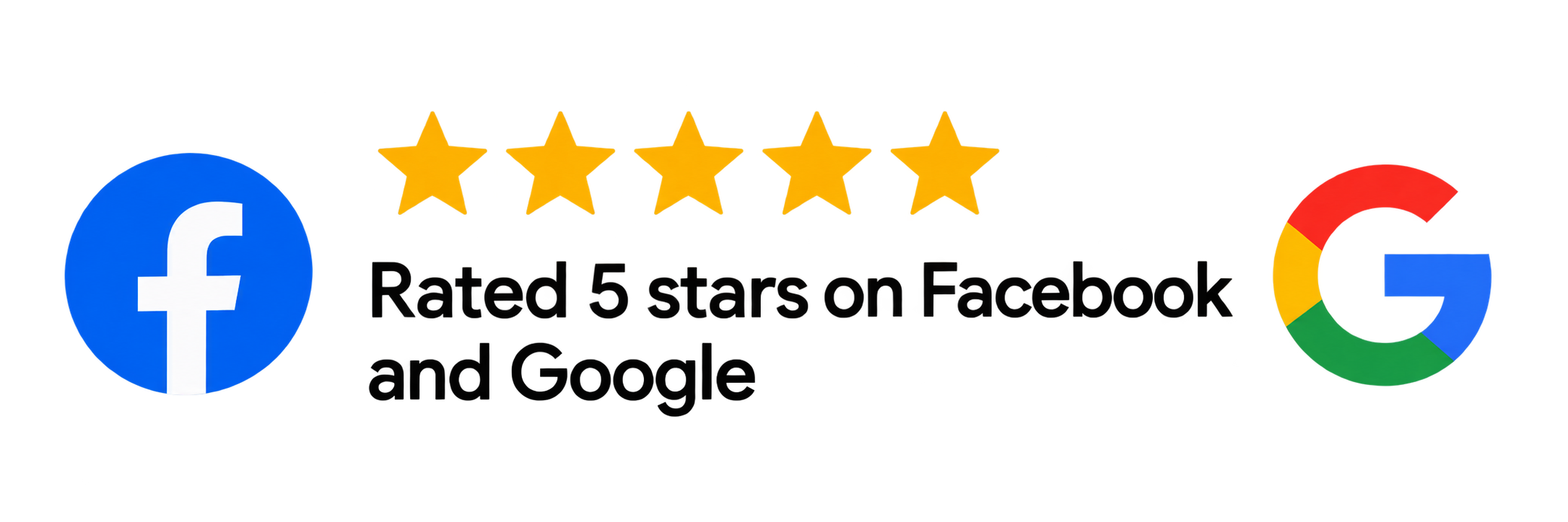 Facebook, Google, and five-star review icons indicating high rating and review.