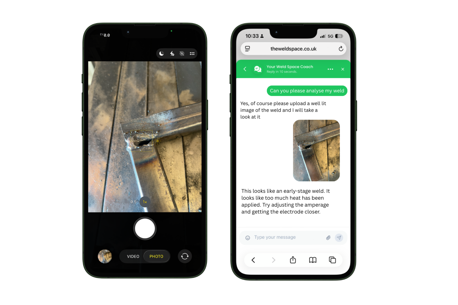 Two smartphone screens. The left screen shows a close-up photo of a weld on a metal joint, with camera controls visible. The right screen displays a webpage with a conversation about analyzing a weld, including a small image of the weld and text instructions.
