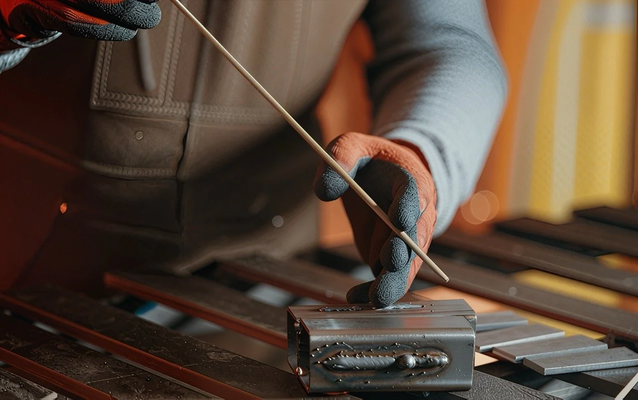 A person wearing gray sleeves and gloves is welding metal parts on a workbench, holding a welding rod in one hand.