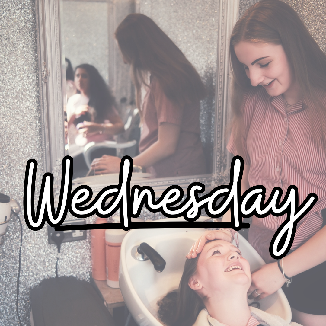 "Wednesday" written in decorative black script on a yellow background with swirling lines and accents.