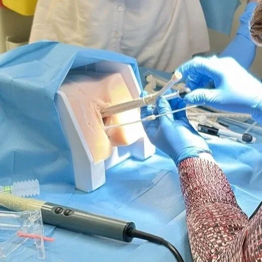 Synthetic ob gyn pelvis training model undergoing brachytherapy training.