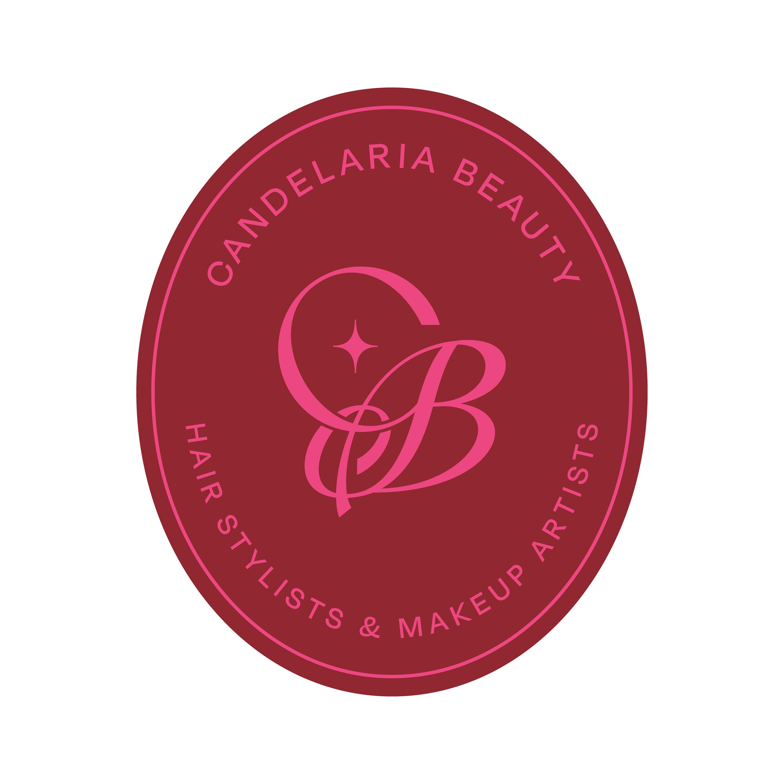 Business logo featuring a burgundy oval background with pink text that reads 'Candelieria Beauty,' 'Hair Stylists & Makeup Artists,' and includes a stylized monogram 'CB' in pink with a small sparkle beside it.