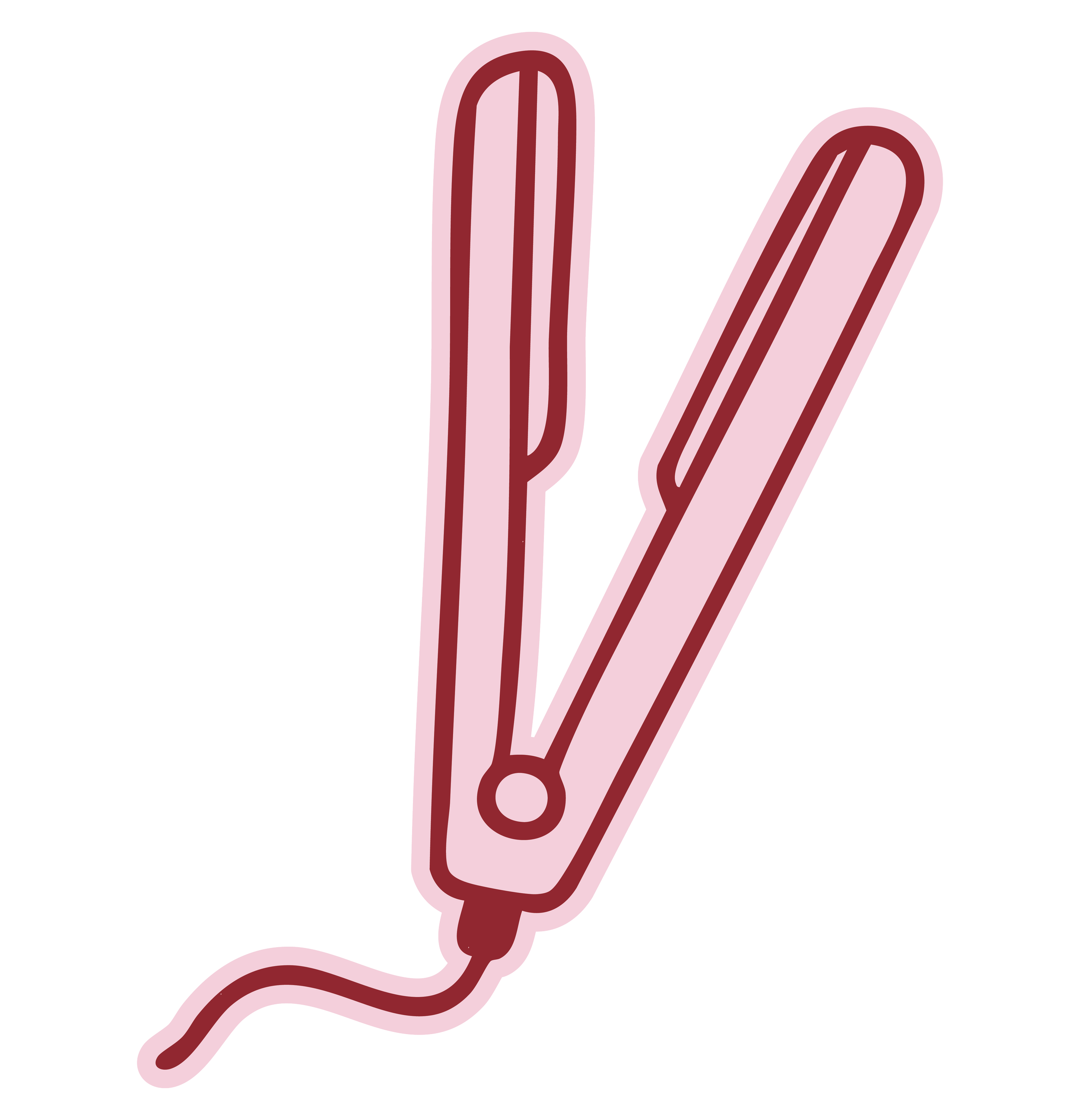 Illustration of a pink hair straightener with two heated plates, one slightly open