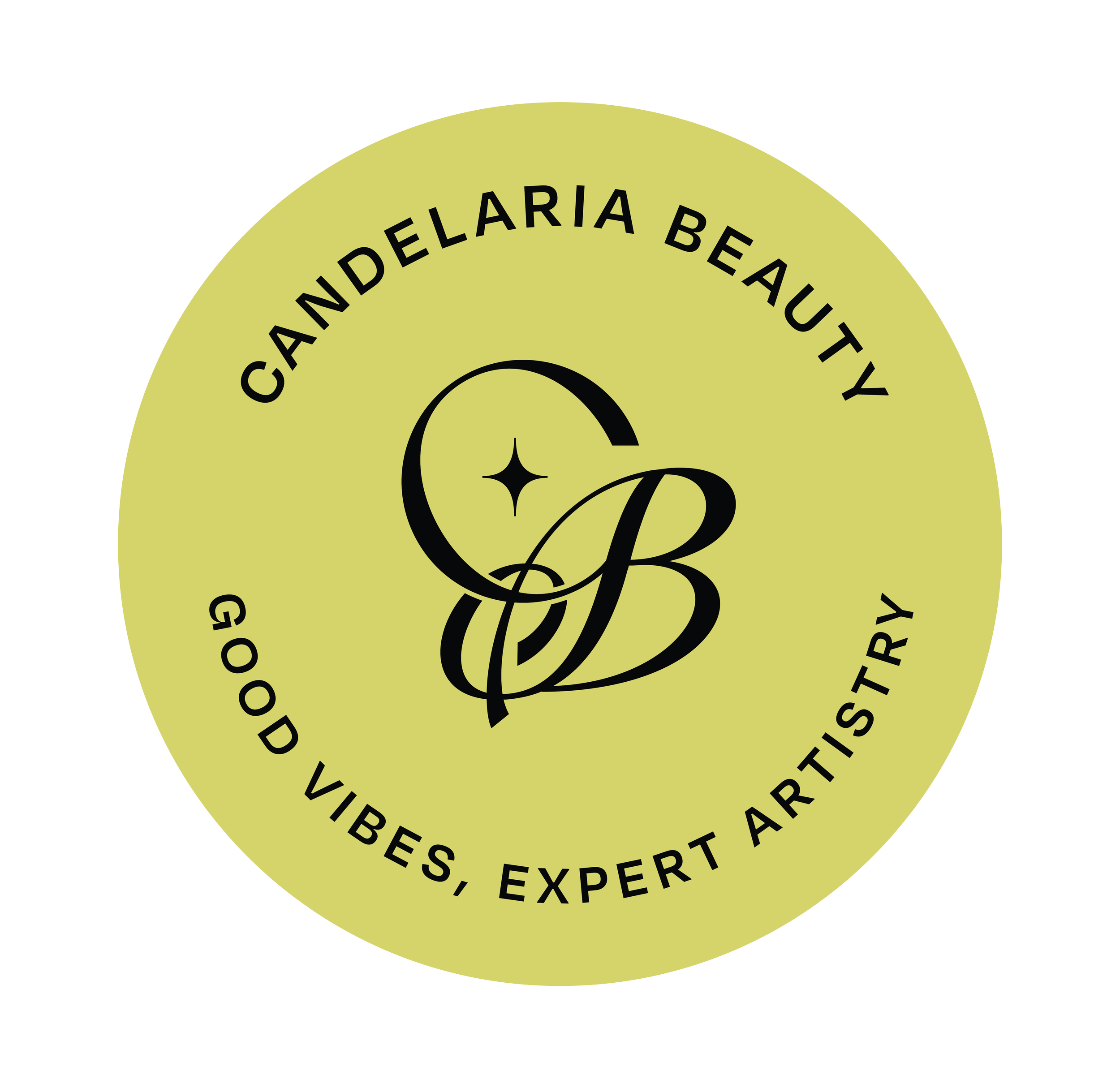 A circular logo with a light green background and black text. The text reads "Candelaria Beauty" at the top and "Good Vibes, Expert Artistry" at the bottom. In the center, there are stylized initials "C" and "B" intertwined with a small star inside the letter "C."
