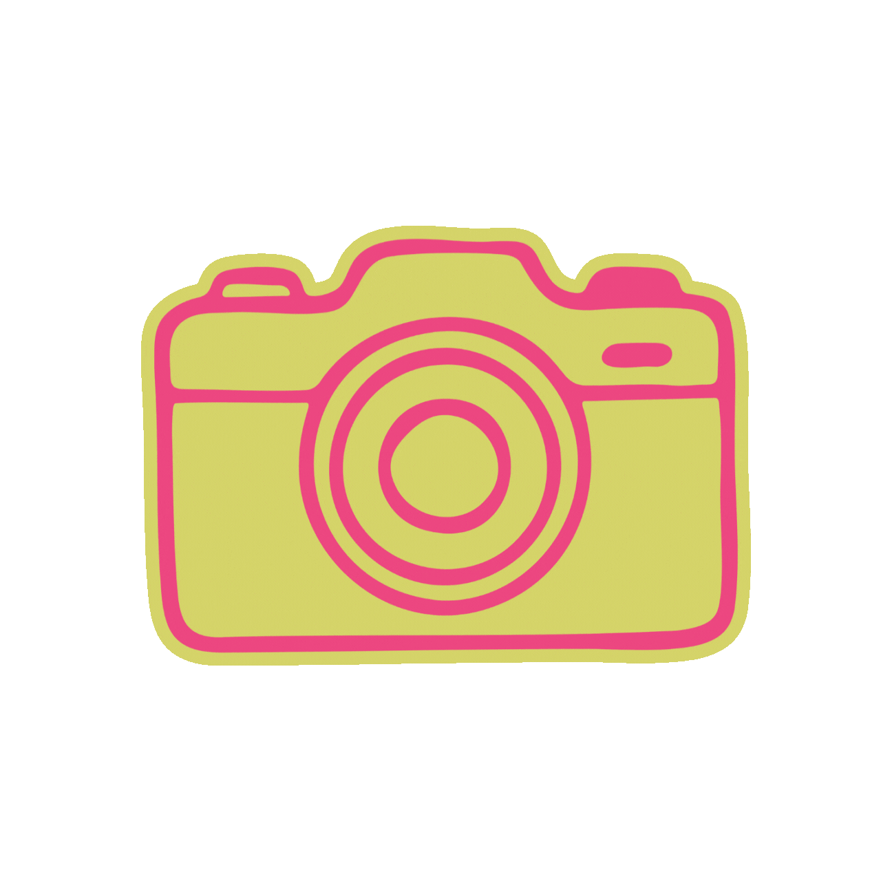 Pink outline drawing of a camera on a yellow background.