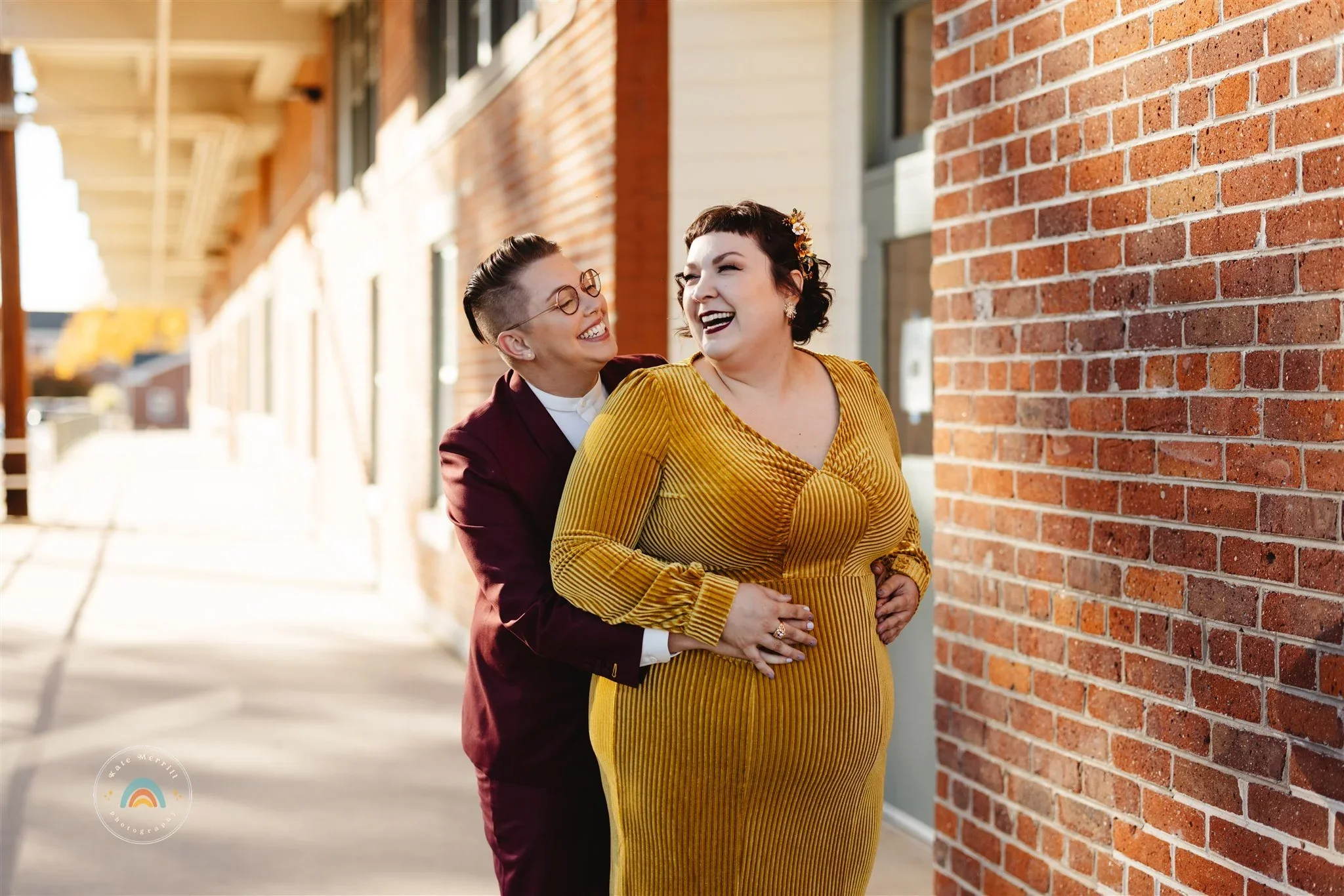 same sex couple shoot, happy and colourful outfits