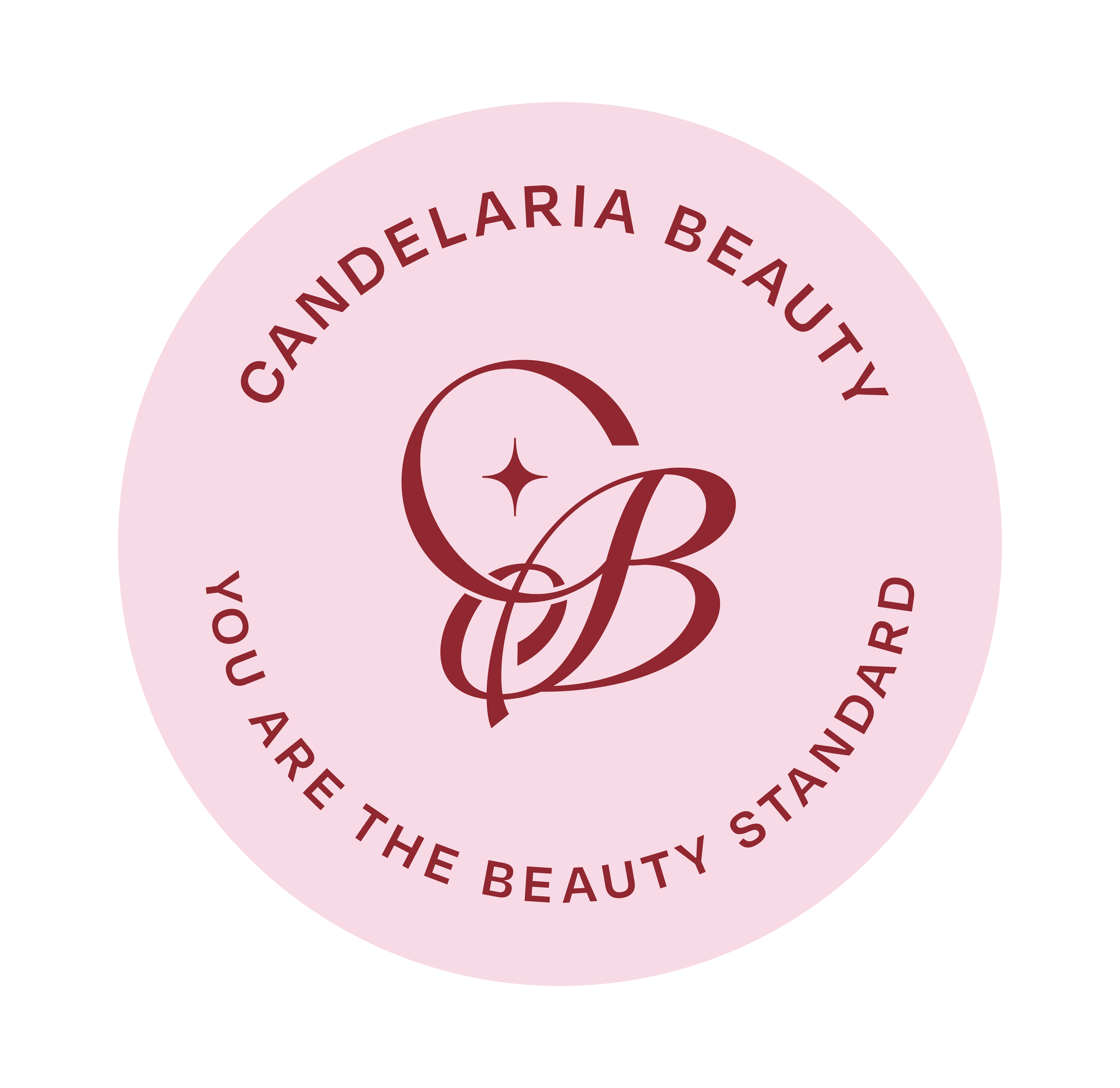 Pink circular logo for Candylandelaria Beauty with the initials C and B intertwined in the center, surrounded by the text "Candylandelaria Beauty" at the top and "You are the beauty standard" at the bottom.