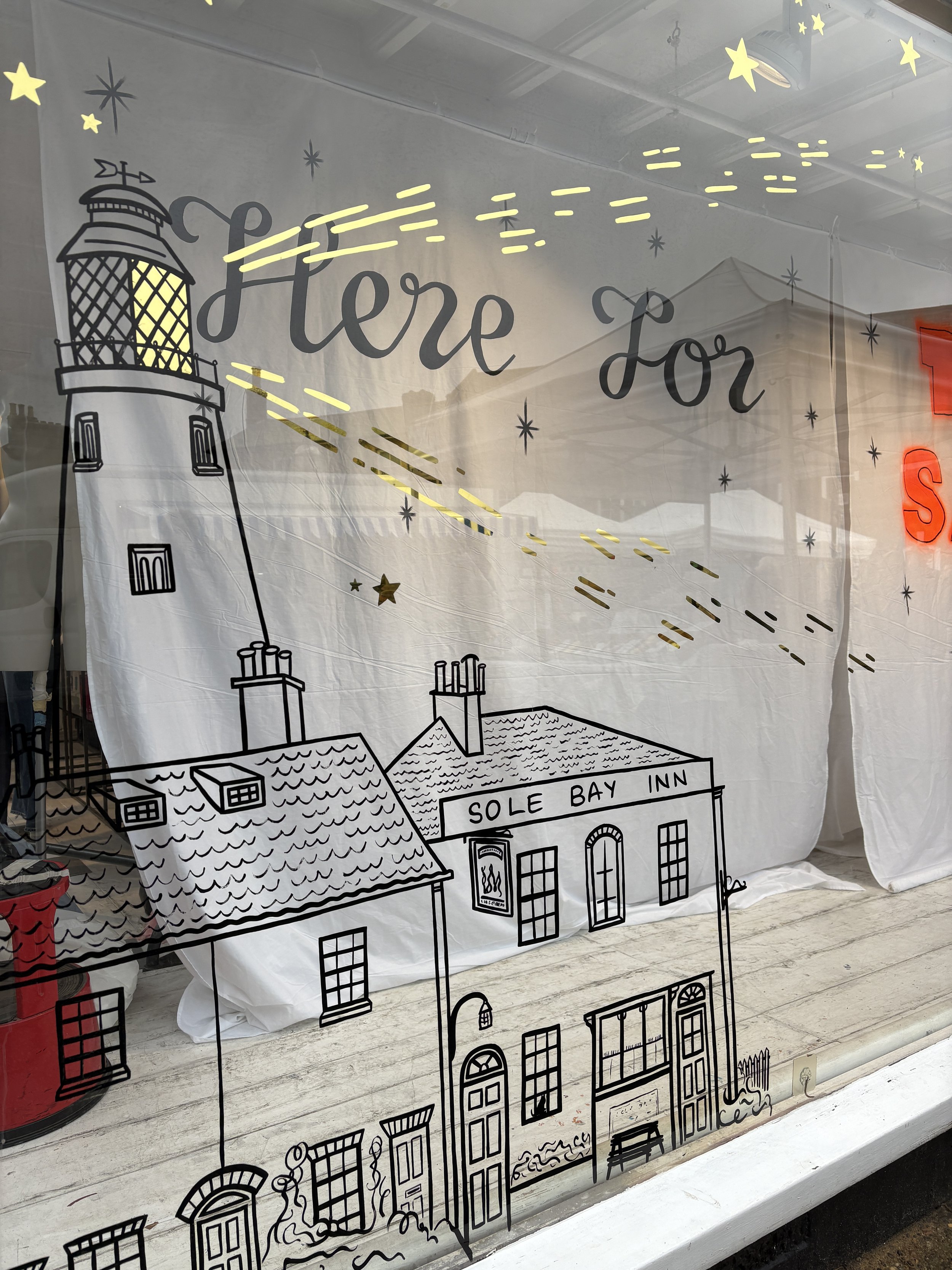 Handpainted, gilded & painted fabric xmas window
 Collen & Clare, Southwold, Suffolk UK 