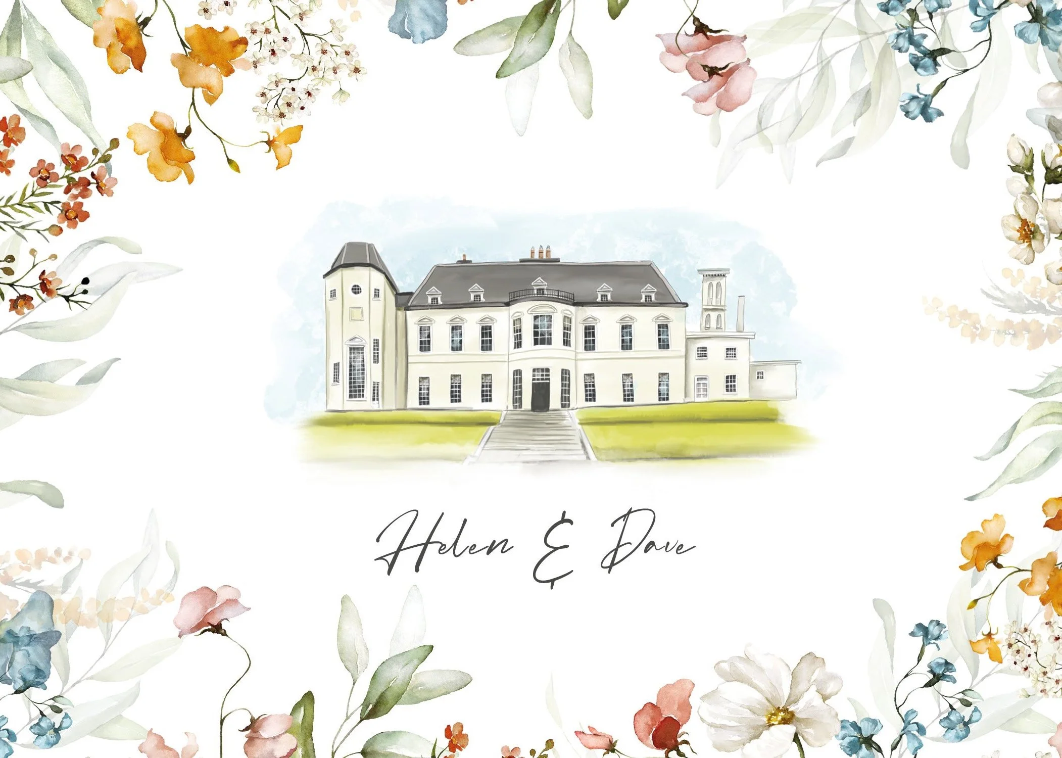 Floral Wedding Venue Illustration. Customisable wedding stationery with