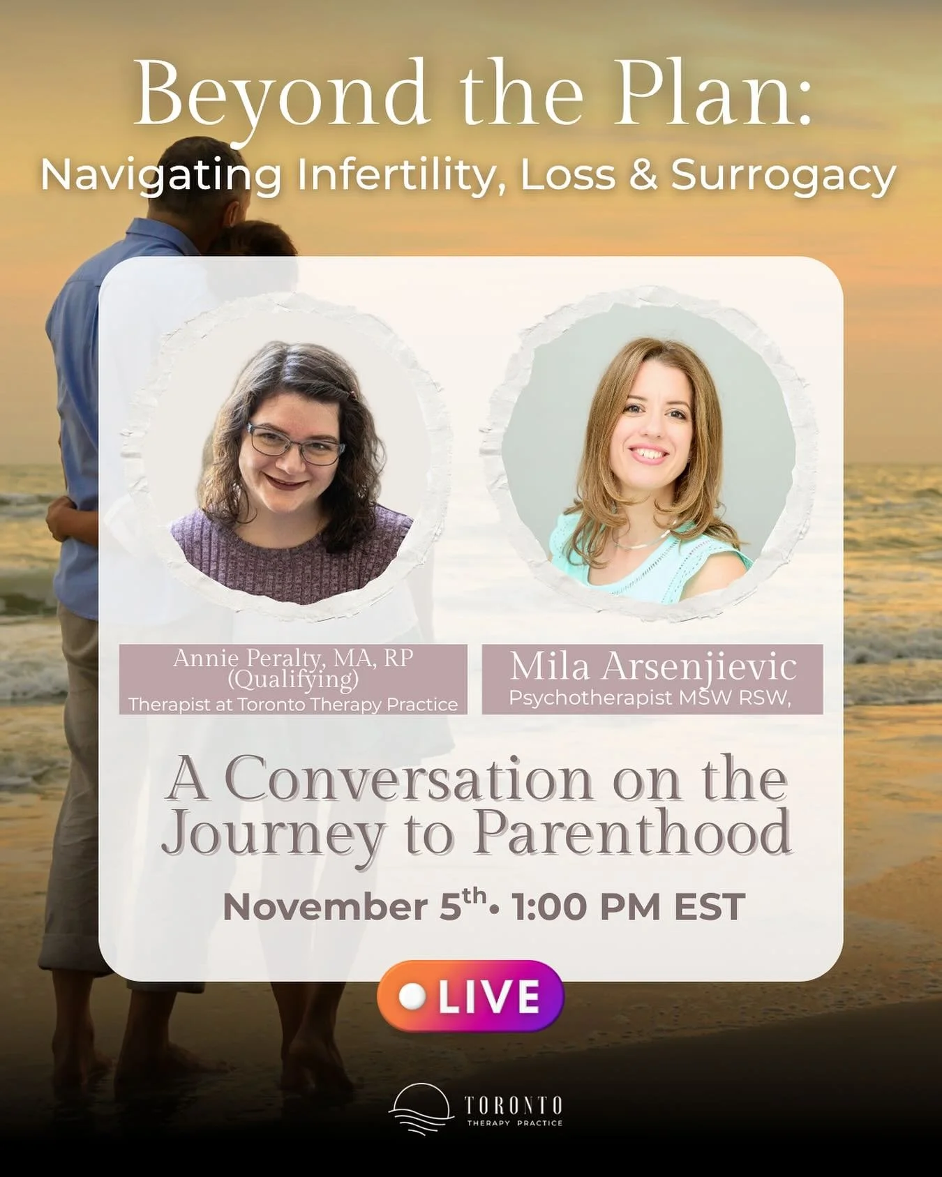 When the path to parenthood doesn&rsquo;t go as planned, it can bring up grief, confusion, and so many unspoken questions. 

Join Mila Arsenijevic, MSW RSW and Annie Peralty, MA RP (Qualifying) from Toronto Therapy Practice for a heartfelt live conve