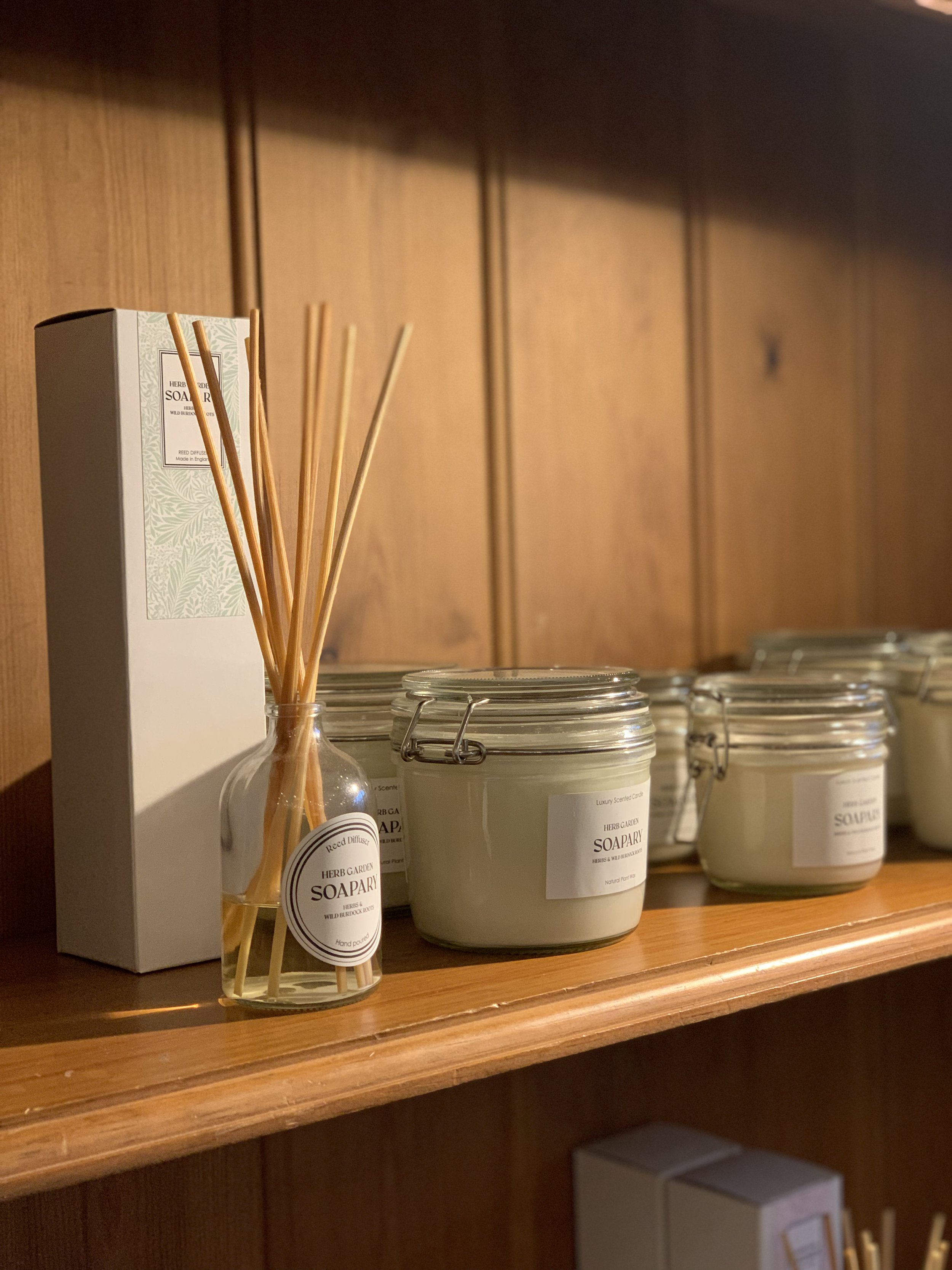 soapary stocked on pine shelves