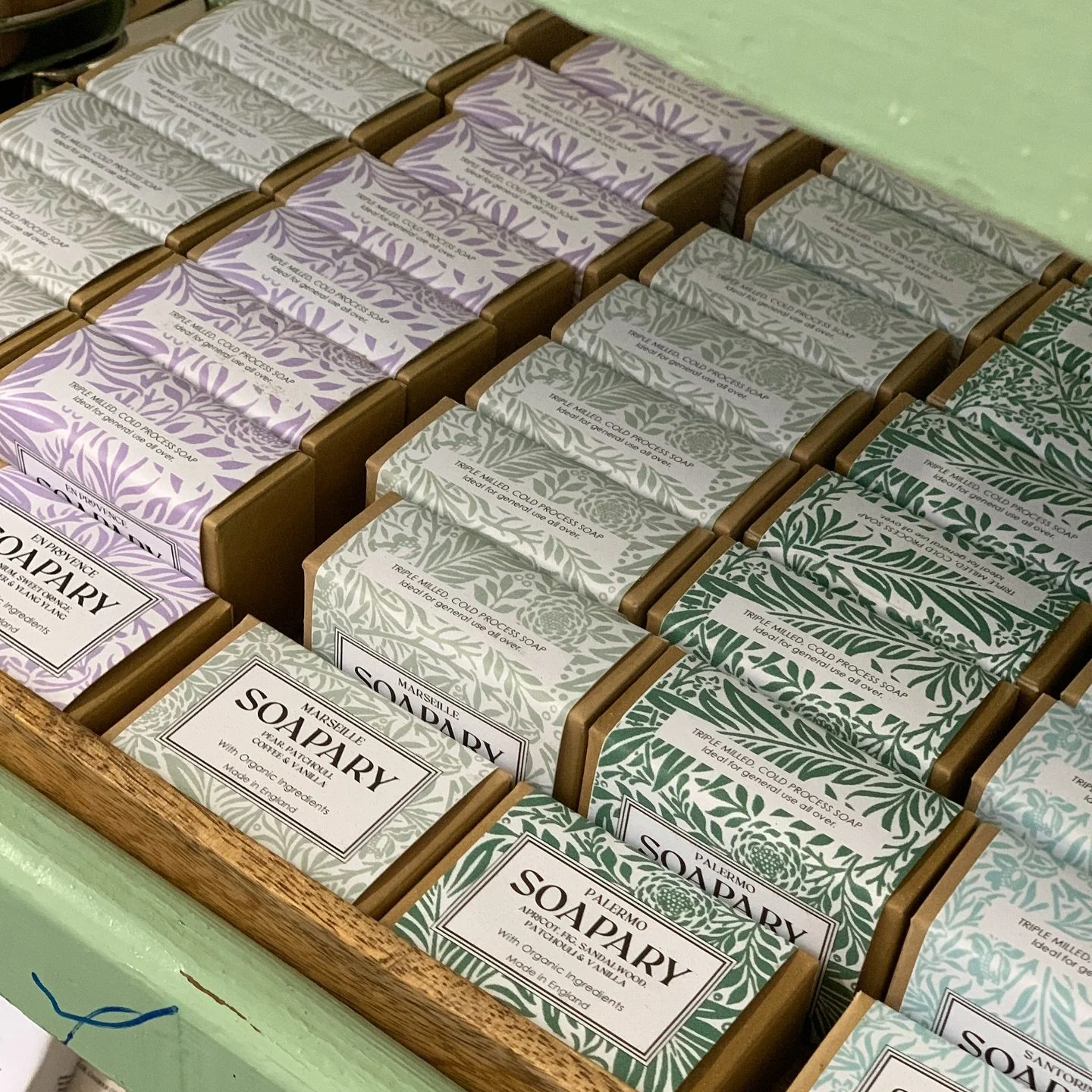 Our organic base soaps are now beautifully boxed and wrapped in our signature print — each one colour-matched to its scent story.
Rich in lather and blended with pure essential oils, they’re entirely natural, cruelty free and quietly lux