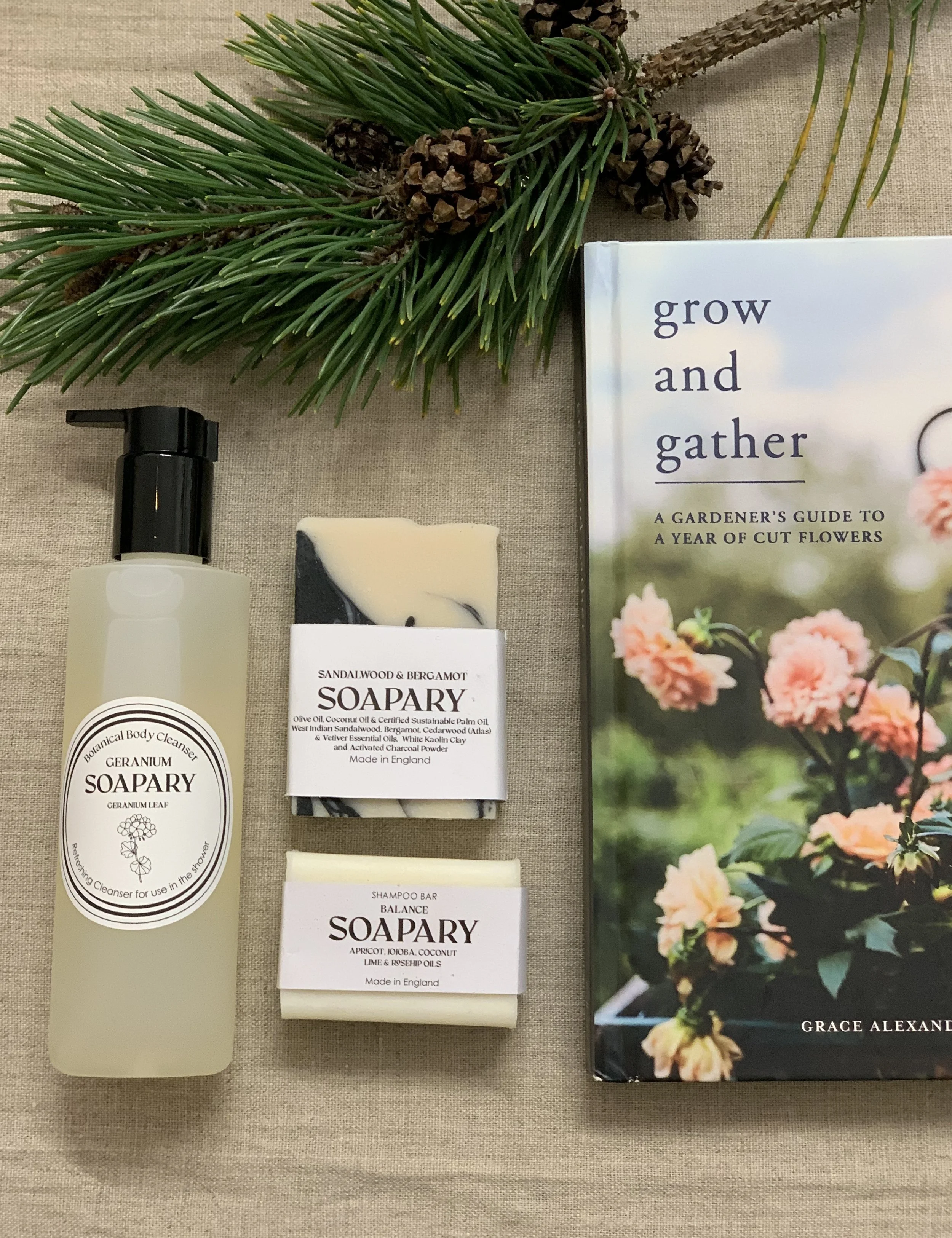 botanical body cleanser, natural soaps and grow and gather book