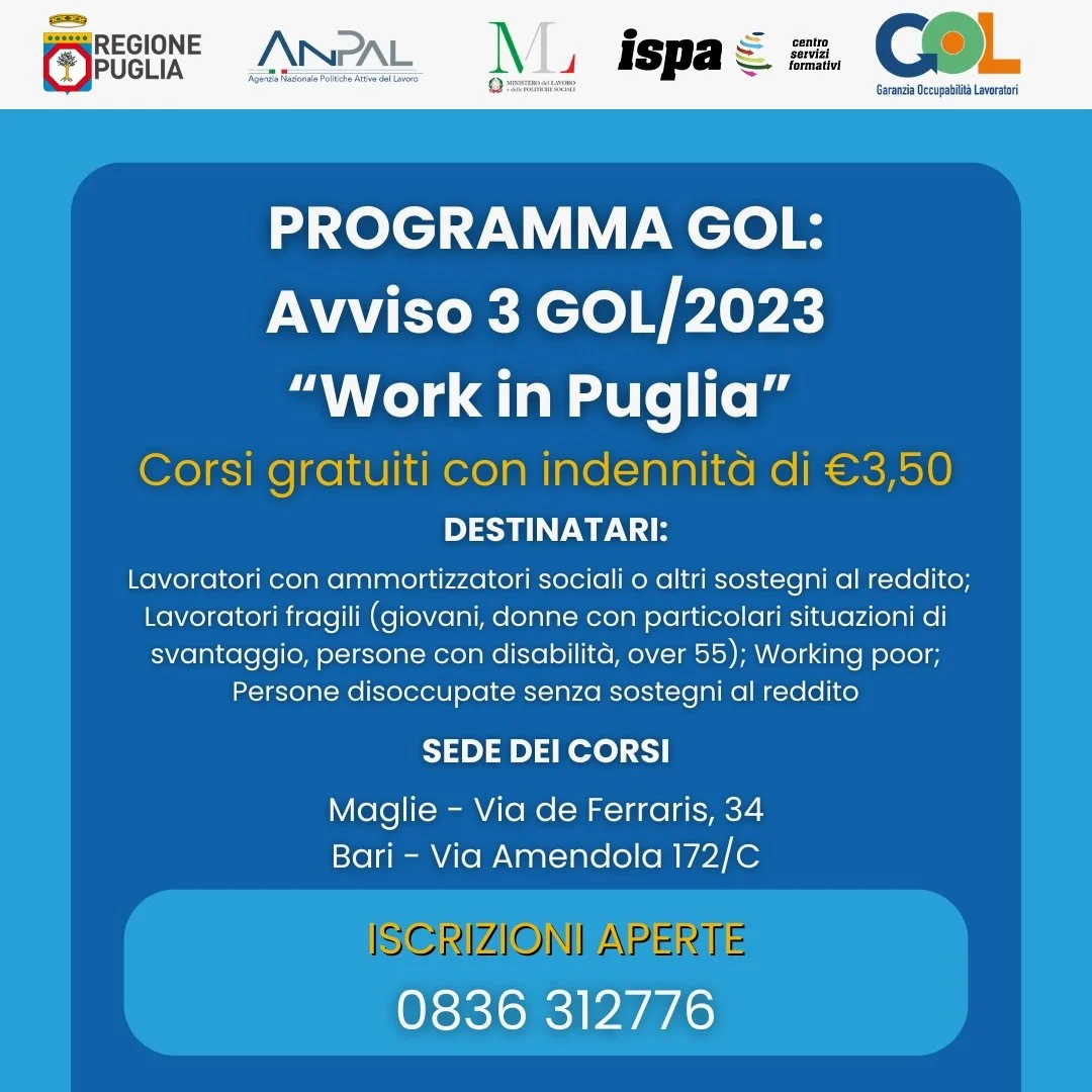ISCRIZIONI APERTE: Programma GOL: Avviso 3 GOL/2023 “Work in Puglia”
