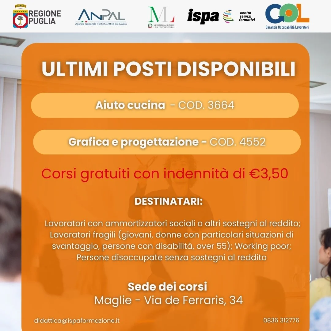 IN PARTENZA: Corsi GOL - Aiuto Cucina / Grafica e Progettazione 