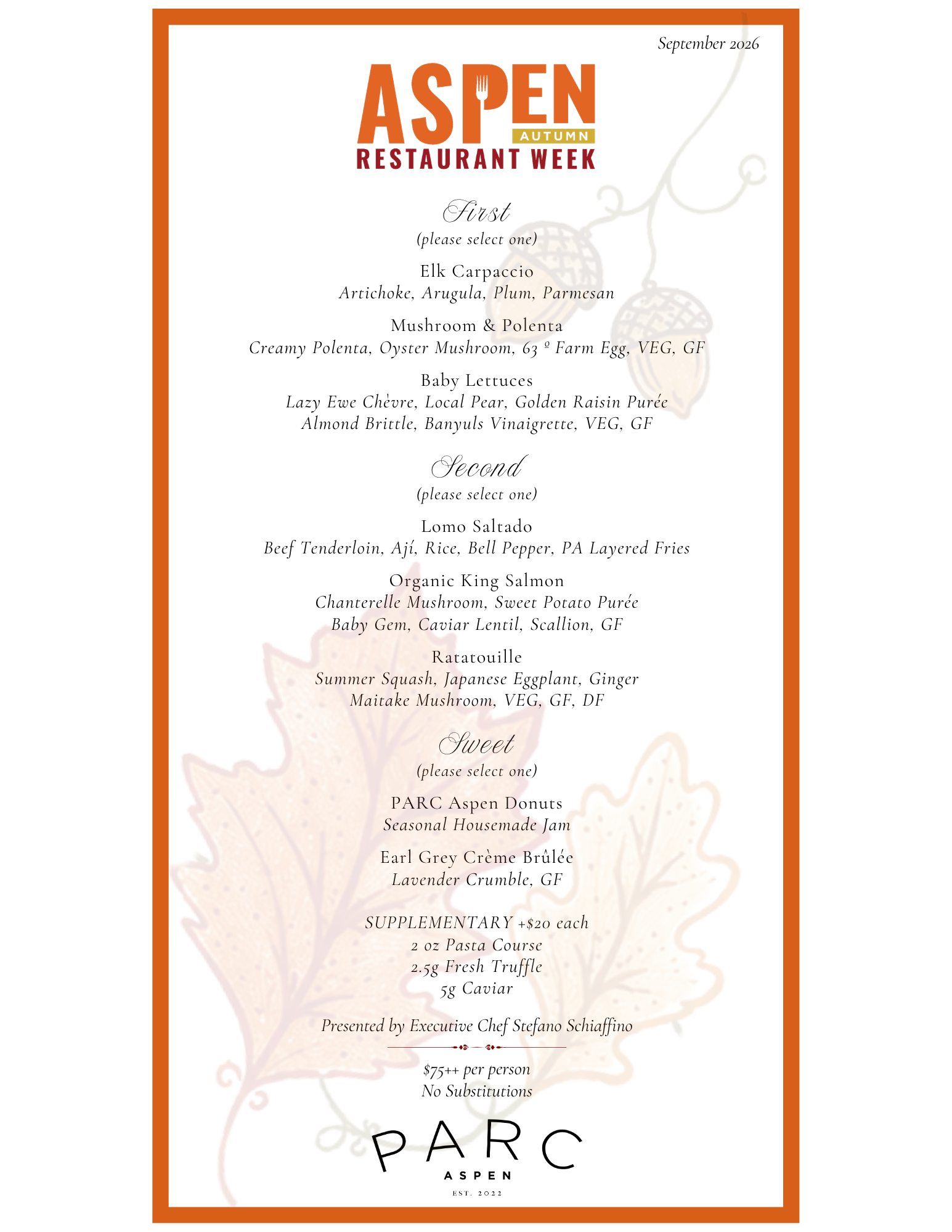 Dinner menu with orange and yellow sketches of leaves with acorns drawn in the top right corner and a large orange border around the menu for Aspen Restaurant Week.