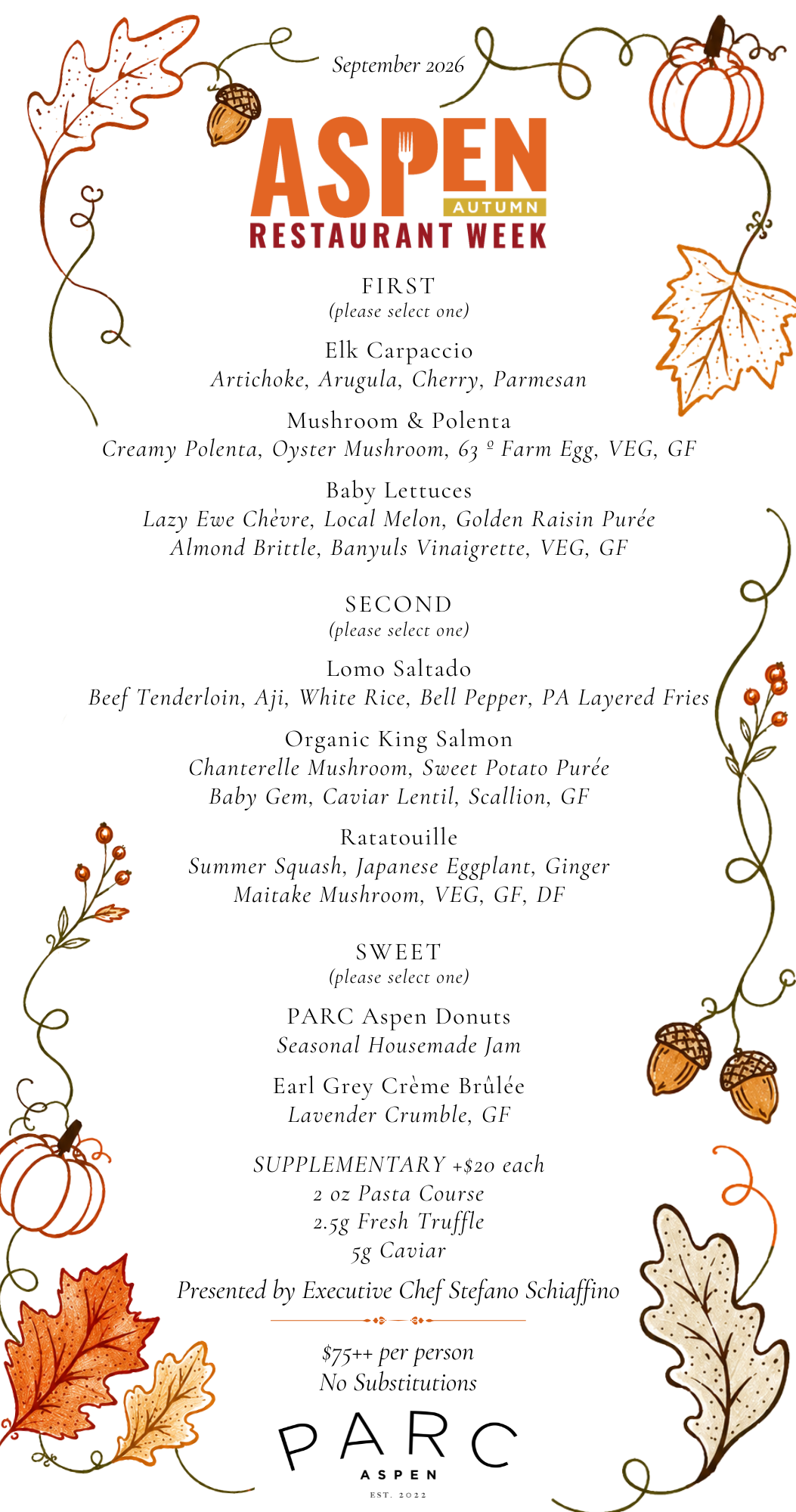 Autumn-themed menu for Aspen Restaurant Week in September 2026, featuring appetizer, main course, and dessert options with fall illustrations of leaves, acorns, and pumpkins.