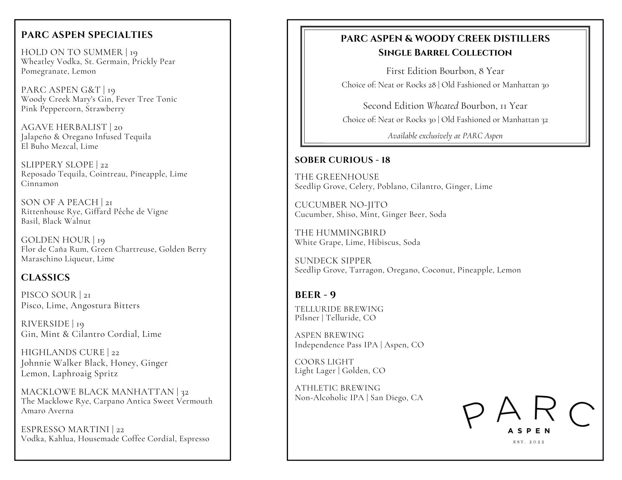 Part of a menu for Parc Aspen and Woody Creek Distillers, listing various cocktails and beverages with their ingredients and prices.